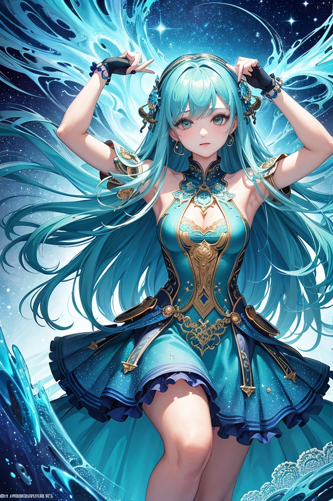 Create an ethereal anime character with flowing aqua hair and striking blue eyes, adorned in a shimmering, water-themed outfit. Surround her with swirling water effects and sparkling gems, set against a cosmic backdrop that glows with deep blues and purples, capturing a magical and mystical atmosphere.