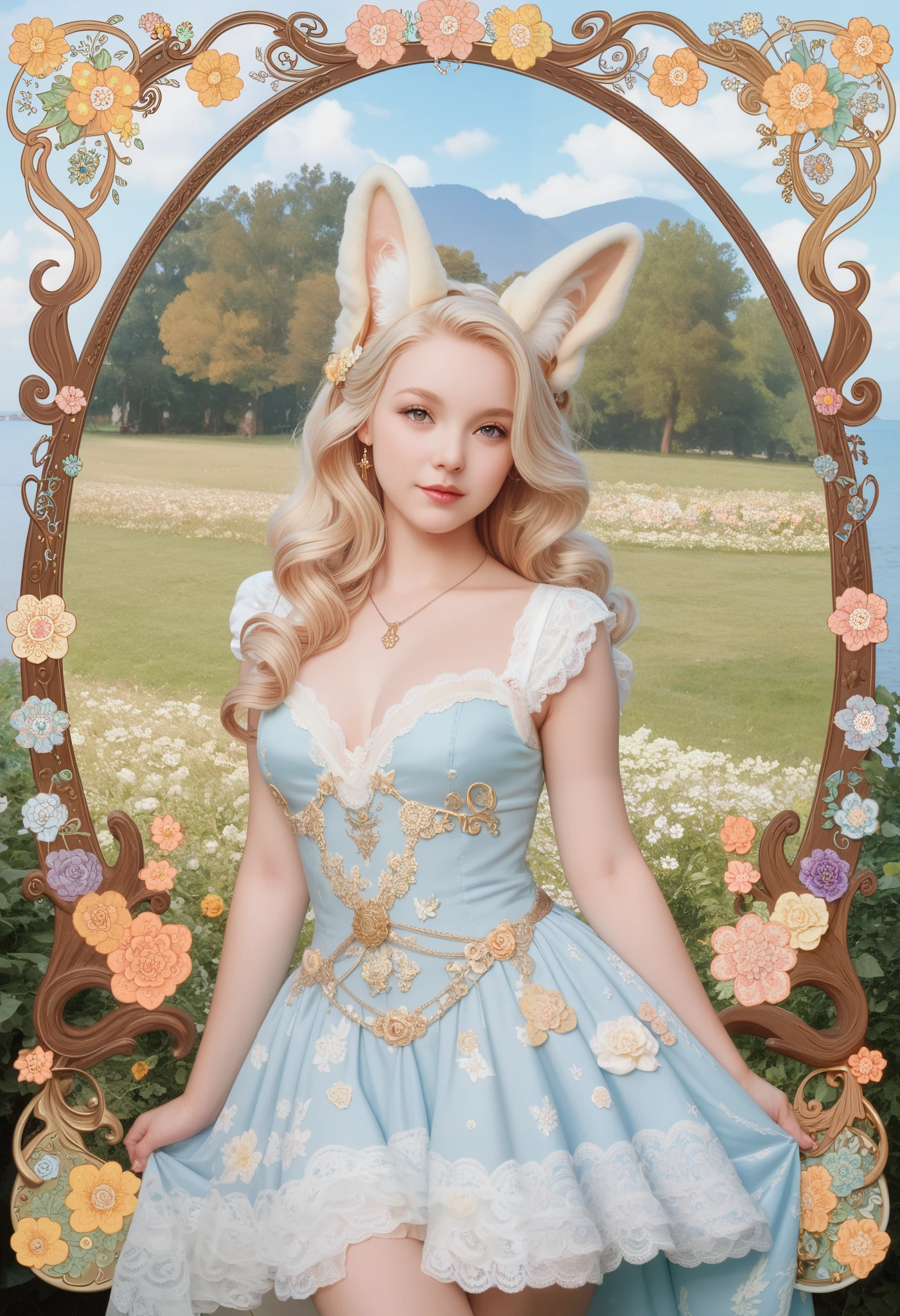 Art Nouveau,Pastel tones,best quality,chibi character,long blonde hair,fluffy ears,ornate floral patterns,soft whimsical glow,elegant curves,decorative motifs,minimalist background,delicate lace details,ethereal atmosphere,storybook aesthetic,golden accents,dreamlike fairytale style
