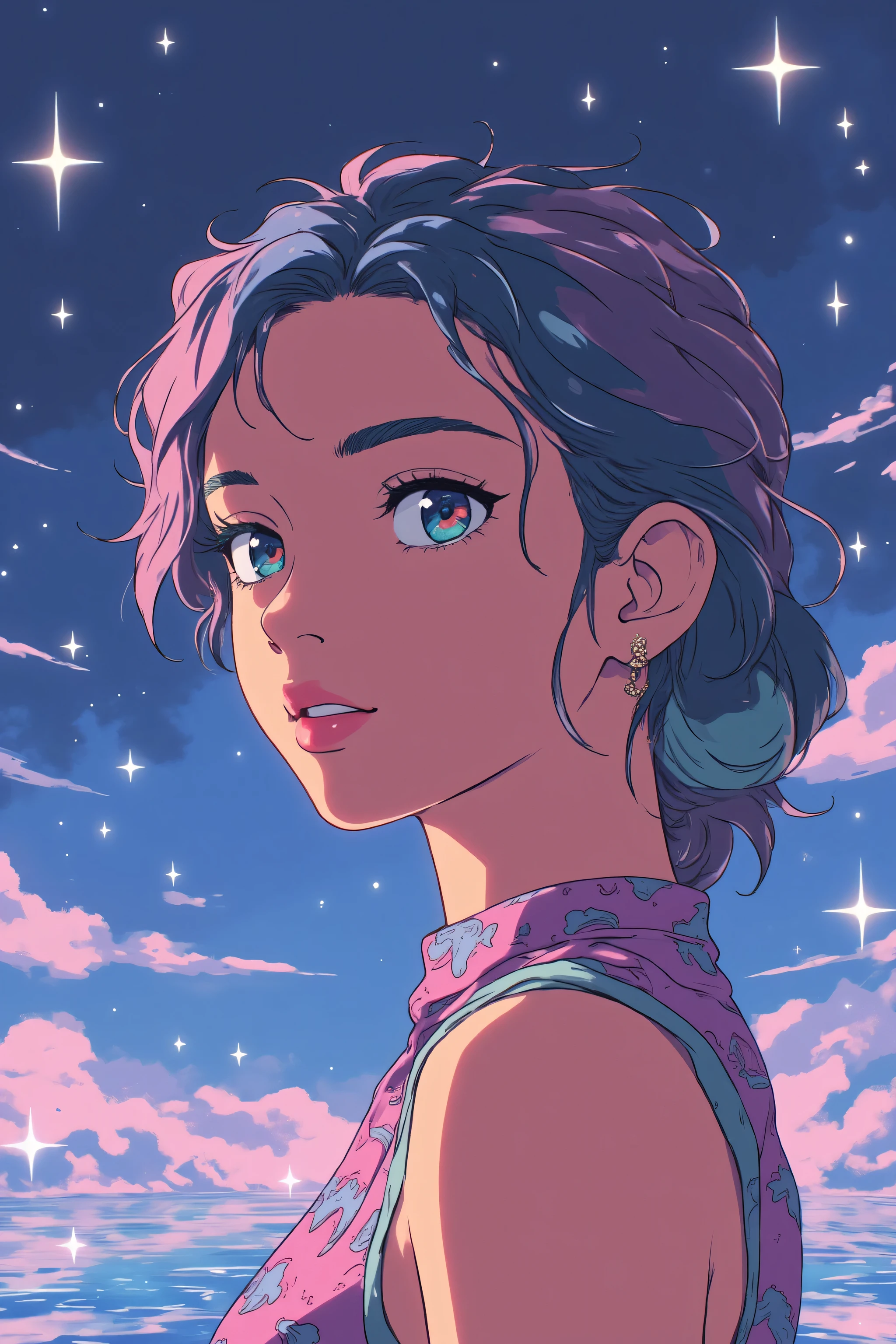 (Asian girl:1.3), beautiful detailed eyes, beautiful detailed lips, extremely detailed eyes and face, long eyelashes, upper body, from side, looking at viewer, (fractal art:1.3), (rainbow color hair, colorful hair, half blue and half pink hair:1.2), water, liquid, cloud, colorful, starry, stars, (best quality, 4k, 8k, highres, masterpiece:1.2), ultra-detailed, (realistic, photorealistic, photo-realistic:1.37), vibrant colors, studio lighting, extremely detailed description, professional, concept art