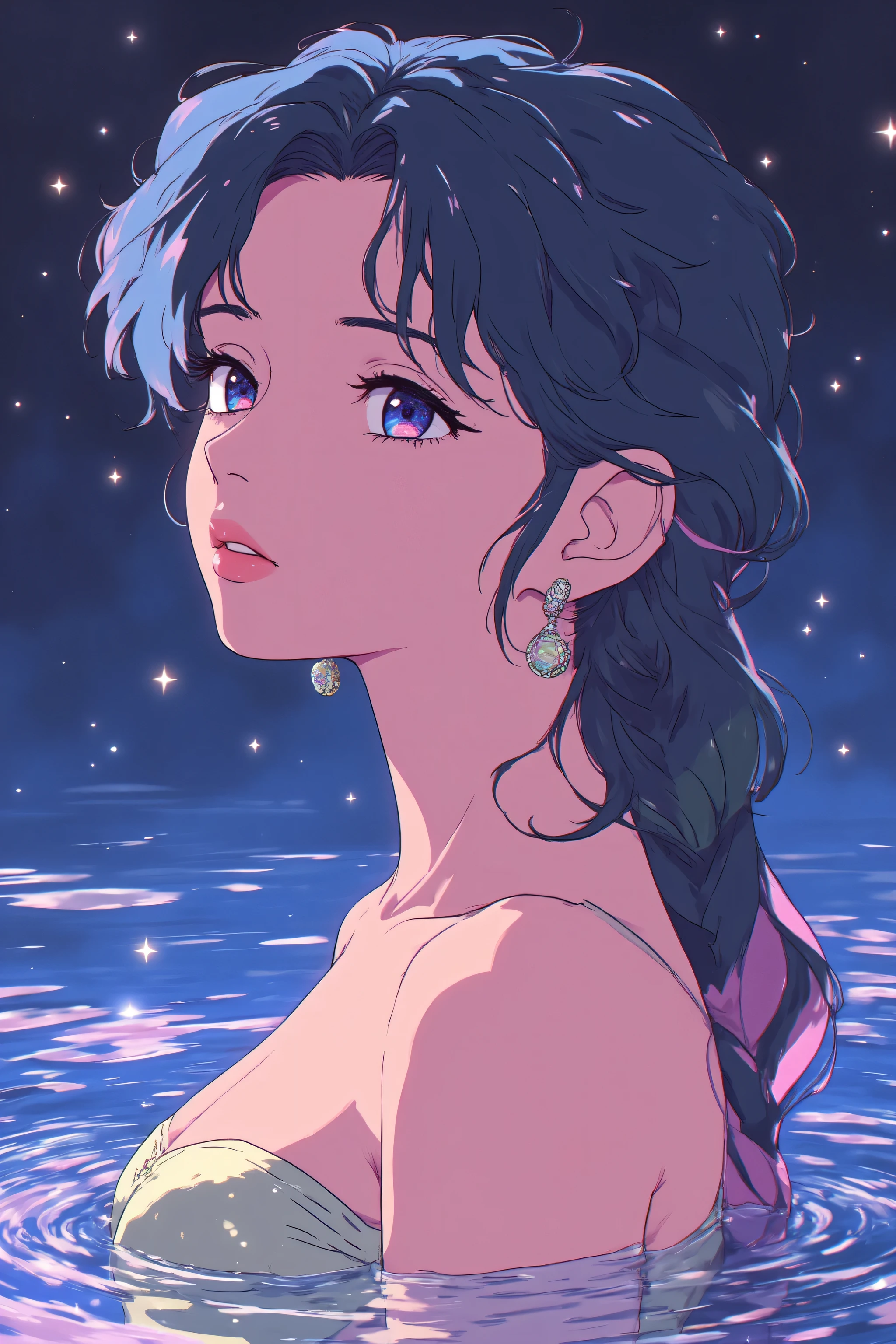 (Asian girl:1.3), beautiful detailed eyes, beautiful detailed lips, extremely detailed eyes and face, long eyelashes, upper body, from side, looking at viewer, (fractal art:1.3), (rainbow color hair, colorful hair, half blue and half pink hair:1.2), water, liquid, cloud, colorful, starry, stars, (best quality, 4k, 8k, highres, masterpiece:1.2), ultra-detailed, (realistic, photorealistic, photo-realistic:1.37), vibrant colors, studio lighting, extremely detailed description, professional, concept art