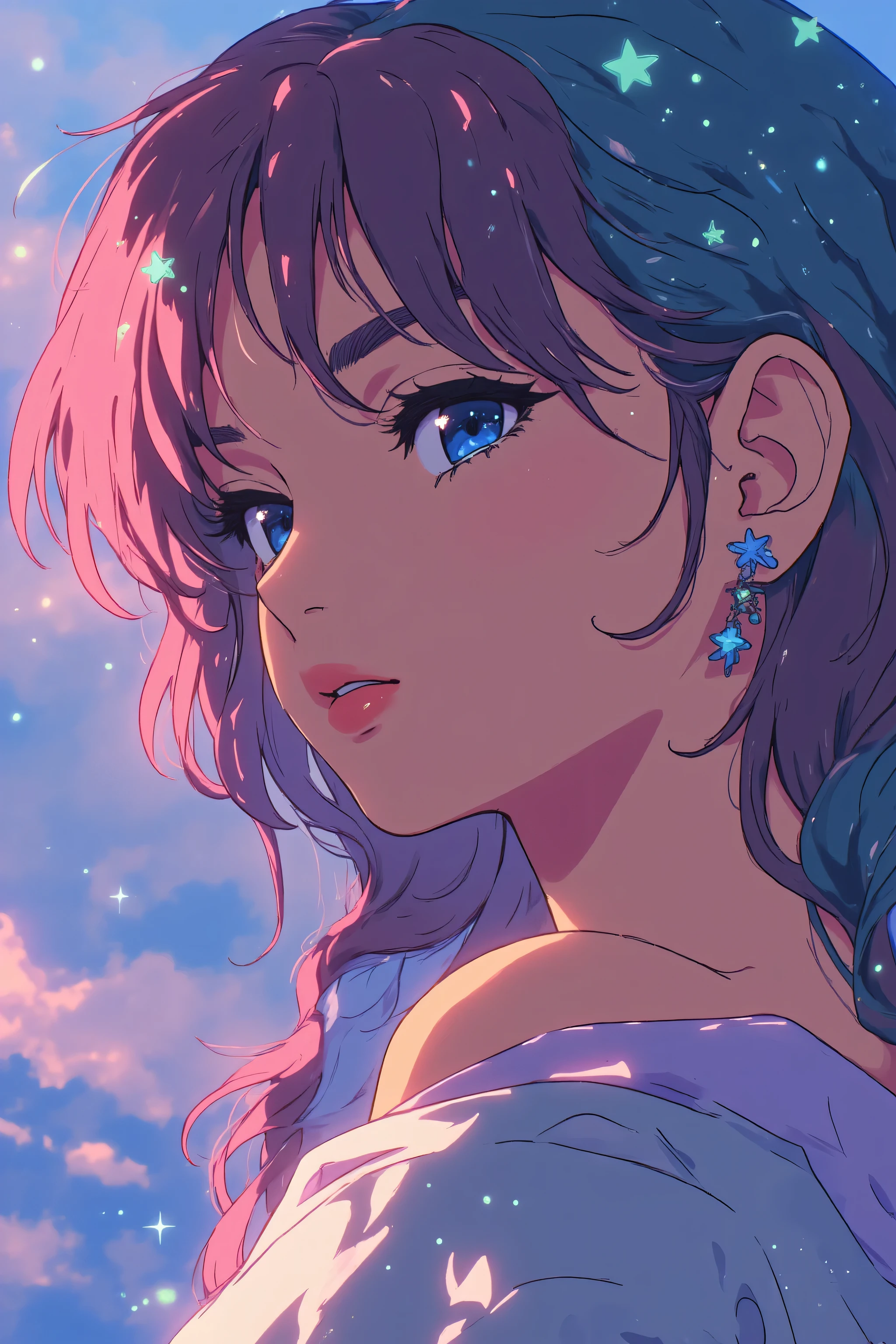 (Asian girl:1.3), beautiful detailed eyes, beautiful detailed lips, extremely detailed eyes and face, long eyelashes, upper body, from side, looking at viewer, (fractal art:1.3), (rainbow color hair, colorful hair, half blue and half pink hair:1.2), water, liquid, cloud, colorful, starry, stars, (best quality, 4k, 8k, highres, masterpiece:1.2), ultra-detailed, (realistic, photorealistic, photo-realistic:1.37), vibrant colors, studio lighting, extremely detailed description, professional, concept art