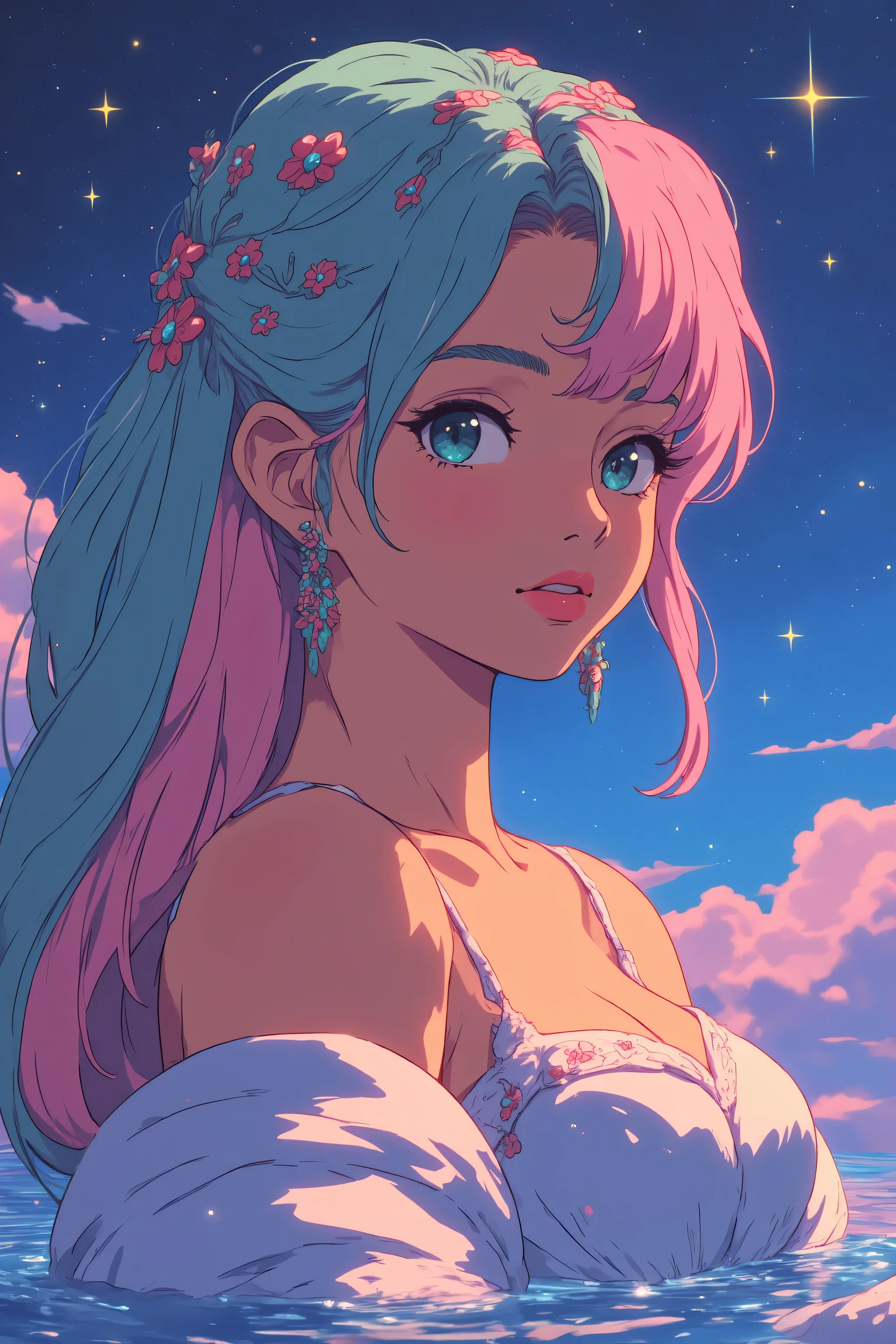 (Asian girl:1.3), beautiful detailed eyes, beautiful detailed lips, extremely detailed eyes and face, long eyelashes, upper body, from side, looking at viewer, (fractal art:1.3), (rainbow color hair, colorful hair, half blue and half pink hair:1.2), water, liquid, cloud, colorful, starry, stars, (best quality, 4k, 8k, highres, masterpiece:1.2), ultra-detailed, (realistic, photorealistic, photo-realistic:1.37), vibrant colors, studio lighting, extremely detailed description, professional, concept art