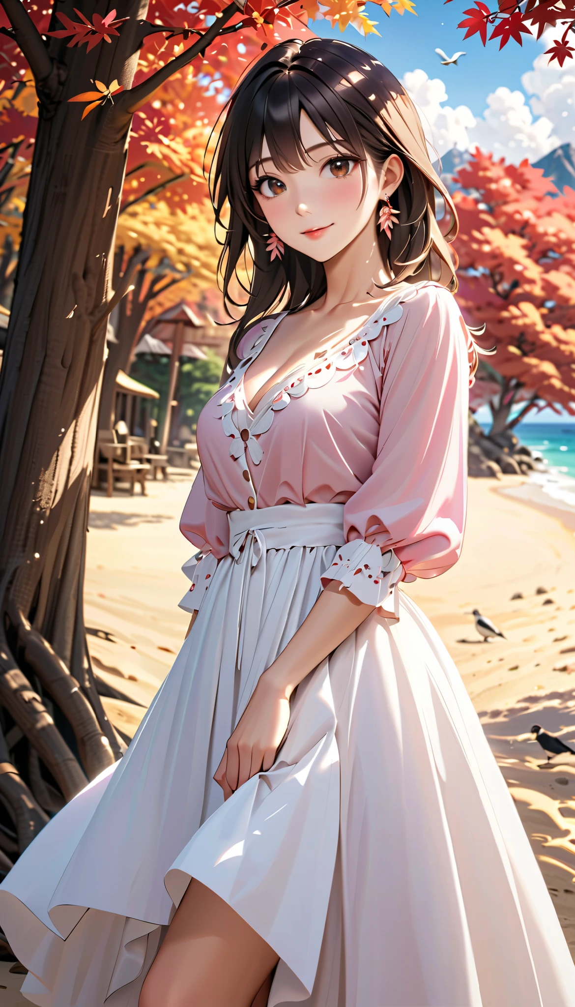   ( top quality,  high image quality,  high definition , 8k),  long-sleeved blouse ,Flowing Long Skirt , Beautiful single woman,  Brown-black hair,  beautiful brown eyes,  pink lips, The cutest face,  Anatomically Beautiful Body , Mid-chest,  earrings for a woman alone,  looking here,  sandy beach,  posing, smile, (Large tree, bird, Mountain々, cloud, autumn leaves),  backgrounds, 