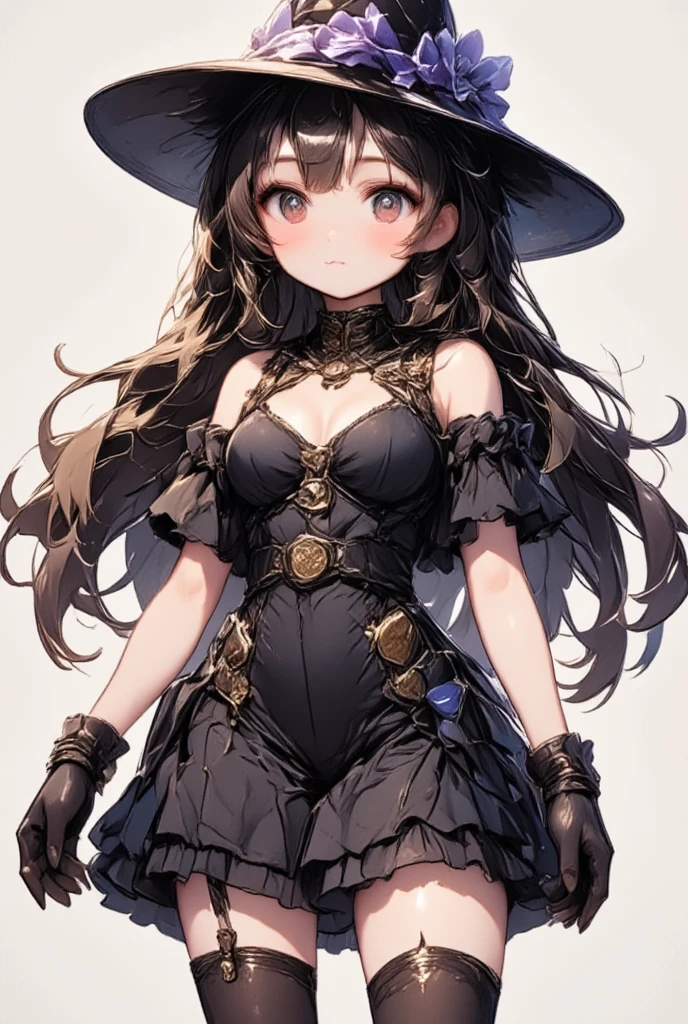 1girl, breasts, green eyes, large breasts, cleavage, brown hair, thighs, thick thighs, long hair, blush, wide hips, hair flower, hat, thighhighs, witch hat, gloves, dress, multicolored dress, hair ornament, capelet, hat flower, pelvic curtain, looking at viewer, flower, rose, purple rose, solo, white background, simple background, cowboy shot, smile, black thighhighs, black gloves, purple headwear, purple flower, purple capelet, hat belt, a woman with long brown hair, wearing a black thighhigh-high top and a black cape, her eyes are wide open and she is smiling, the background is plain white, there is a single red flower on the left side of her head, the witch's eye pattern is visible on the right side of her face, both arms are crossed in front of her body, the overall style is highly detailed and realistic, creating a sense of unity and simplicity., masterpiece, best quality, very aesthetic, absurdres