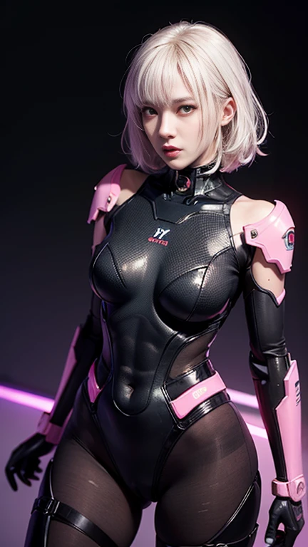 pretty, woman,  face, yellow eyes, white hair, slim body,  pose, pink tights, mecha, neon sign, led night city, seen from above, high quality, realistic, beautiful light, complete detail, black background