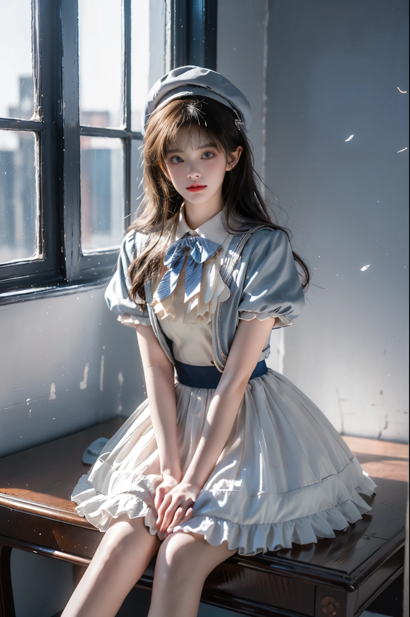 idol clothes,dress,collared dress,jacket,cropped jacket,short sleeves,bowtie,bow,buttons,hat,beret,  ,((a beautiful fashion model)), standing in an elegant rococo style room, leaning on the window sill, perfect long legs, professional model pose, hands on knees, leaning forward, slim t-walk proportion, photorealistic, hyperrealistic details, perfect facial features, fashion photography, professional lighting, warm tungsten lights in dark room, moody atmosphere, night scene, golden ratio composition, high-end fashion editorial, soft shadows, dimly lit interior, ornate baroque furniture,  vintage wallpaper, luxury curtains, perfect symmetry, sharp focus, canon EOS R5, 85mm portrait lens, dramatic lighting, volumetric lighting, cinematic, ultra detailed, 8k resolution