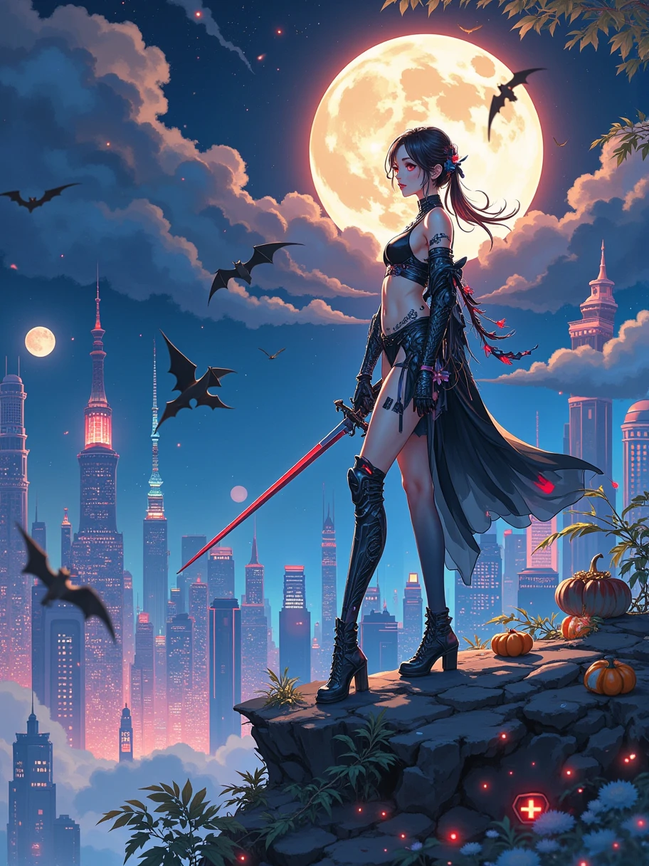 High quality，Best quality，Reality，Super realistic，Super detailed，masterpiece，high resolution，8k，Very real，Hellbringers，Red Eye，Crescent Moon，hamburger，pumpkin，Close-up of a bat，A girl with a sword and a vampire，Black cape，Bikini，Glitch Punk Girl，Pale milky porcelain skin，vampire，Smooth and transparent white skin，Thin legs，Small waist，Small buttocks，Broad shoulders，Beautiful clavicle，Superrealism， Busty naked breasts，Upper body，Wearing a Bikini，Tattoo，Red eyes，Gothic art style，((Bat Wings))，Epic fantasy number art style，Noble and elegant vampire girl，and mumford，Tom Bagshaw，Dark fantasy art，Epic fantasy art style，Dark fantasy art style，Epic fantasy art style HD，Dark Fantasy Number Art，"Artistic image type：{ perched on top of cybernetics dragons, vampire girl investigates the vast digital metropolis below。Infused with neon lights，Revealing her technologically enhanced body，Embedded LEDs and retractable tech arms shine。She strikes a striking pose，Seems ready for action，A fusion of ancient legends and future visions}，Perfect location，City view，(Vivid neon lights：1.5)，(number：1.25)，(4K：1.2). environment：City Panorama，Bats flying over the skyline，(whole body:1.8), magazine photography，A cute girl image，Popular on social platforms，((Dopamineism))，(((Dopamine color matching)))，Dopamine，(in the style of Y2K)，Luo Erchun，Three-dimensional ancient style，Oriental poetry and painting