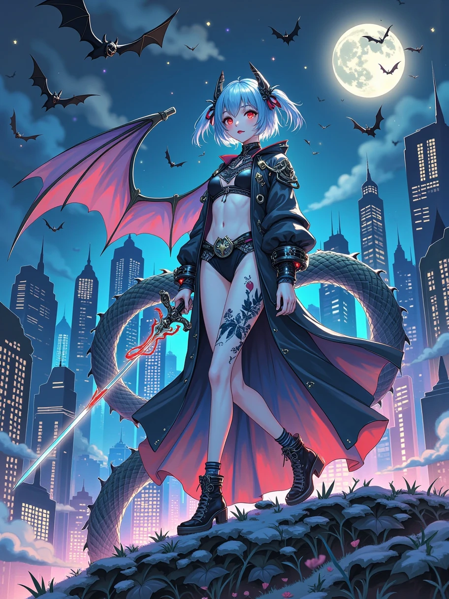 High quality，Best quality，Reality，Super realistic，Super detailed，masterpiece，high resolution，8k，Very real，Hellbringers，Red Eye，Crescent Moon，hamburger，pumpkin，Close-up of a bat，A girl with a sword and a vampire，Black cape，Bikini，Glitch Punk Girl，Pale milky porcelain skin，vampire，Smooth and transparent white skin，Thin legs，Small waist，Small buttocks，Broad shoulders，Beautiful clavicle，Superrealism， Busty naked breasts，Upper body，Wearing a Bikini，Tattoo，Red eyes，Gothic art style，((Bat Wings))，Epic fantasy number art style，Noble and elegant vampire girl，and mumford，Tom Bagshaw，Dark fantasy art，Epic fantasy art style，Dark fantasy art style，Epic fantasy art style HD，Dark Fantasy Number Art，"Artistic image type：{ perched on top of cybernetics dragons, vampire girl investigates the vast digital metropolis below。Infused with neon lights，Revealing her technologically enhanced body，Embedded LEDs and retractable tech arms shine。She strikes a striking pose，Seems ready for action，A fusion of ancient legends and future visions}，Perfect location，City view，(Vivid neon lights：1.5)，(number：1.25)，(4K：1.2). environment：City Panorama，Bats flying over the skyline，(whole body:1.8), magazine photography，A cute girl image，Popular on social platforms，((Dopamineism))，(((Dopamine color matching)))，Dopamine，(in the style of Y2K)，Luo Erchun，Three-dimensional ancient style，Oriental poetry and painting