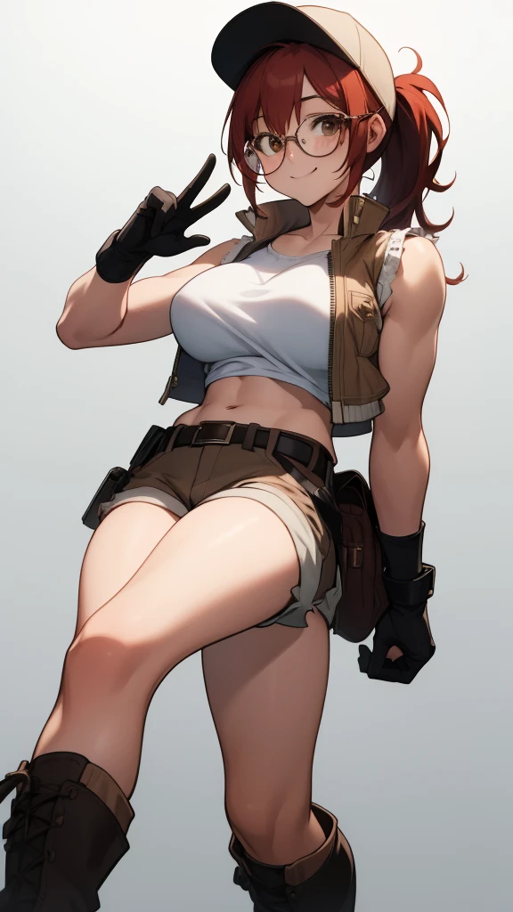 (art,  top quality: 1.2), Illustration, 8k,  is high definition, 1, Alone, body, ( portrait: 1.2),  Big Breasts , Round Glasses,  have , Uppercut, stomach,  gloves, belly button, Baseball cap,  Protector Knee High,  Short Shorts ,  ponytail,  boots,  Brown Eyes , Brown shorts, belt, smile,  package , brown belt, Red Hair, Hip Open , Best,  long hair, vest,