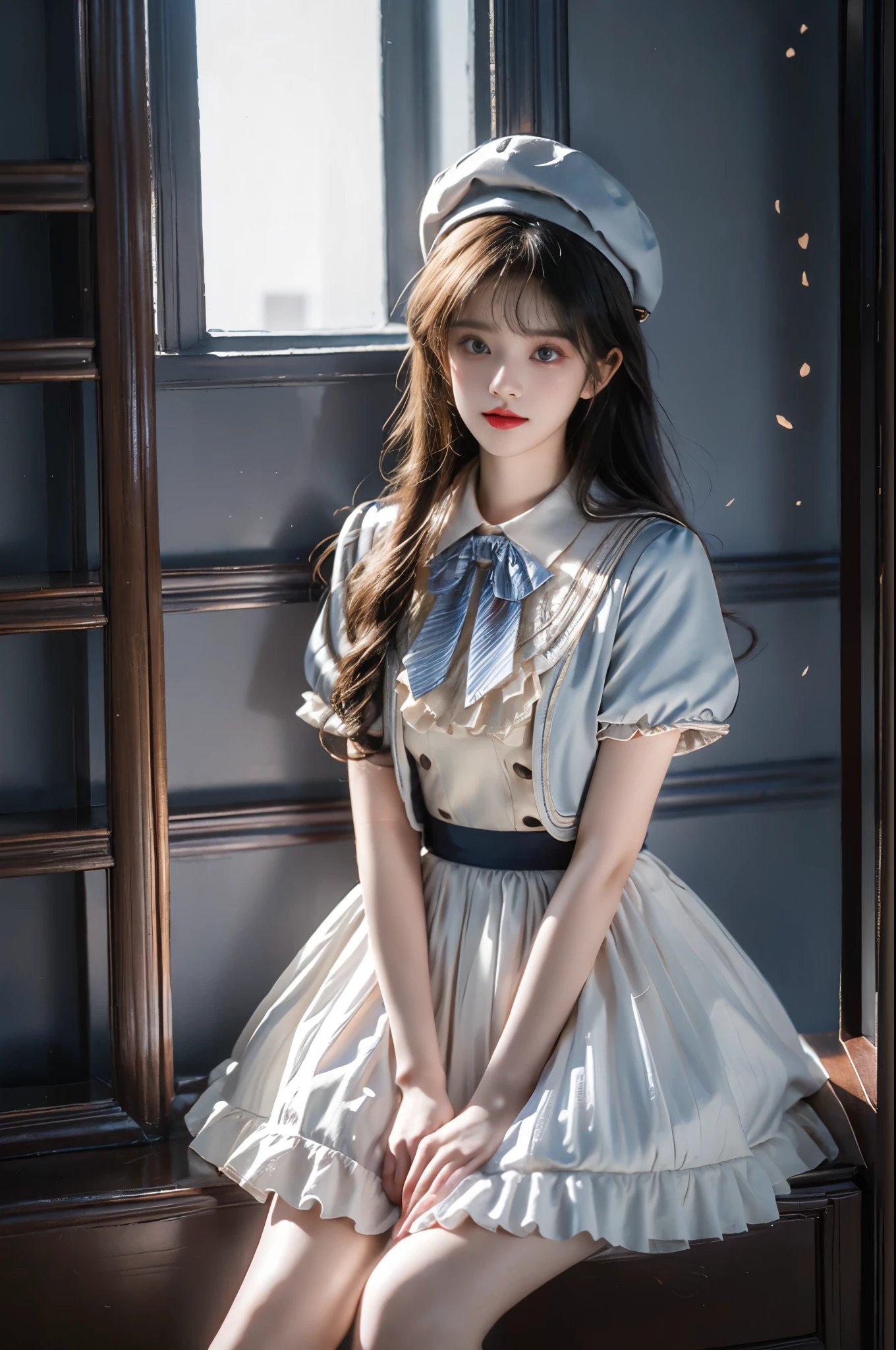 idol clothes,dress,collared dress,jacket,cropped jacket,short sleeves,bowtie,bow,buttons,hat,beret, ,((a beautiful fashion model)), standing in an elegant rococo style room, leaning on the window sill, perfect long legs, professional model pose, hands on knees, leaning forward, slim t-walk proportion, photorealistic, hyperrealistic details, perfect facial features, fashion photography, professional lighting, warm tungsten lights in dark room, moody atmosphere, night scene, golden ratio composition, high-end fashion editorial, soft shadows, dimly lit interior, ornate baroque furniture, vintage wallpaper, luxury curtains, perfect symmetry, sharp focus, canon EOS R5, 85mm portrait lens, dramatic lighting, volumetric lighting, cinematic, ultra detailed, 8k resolution