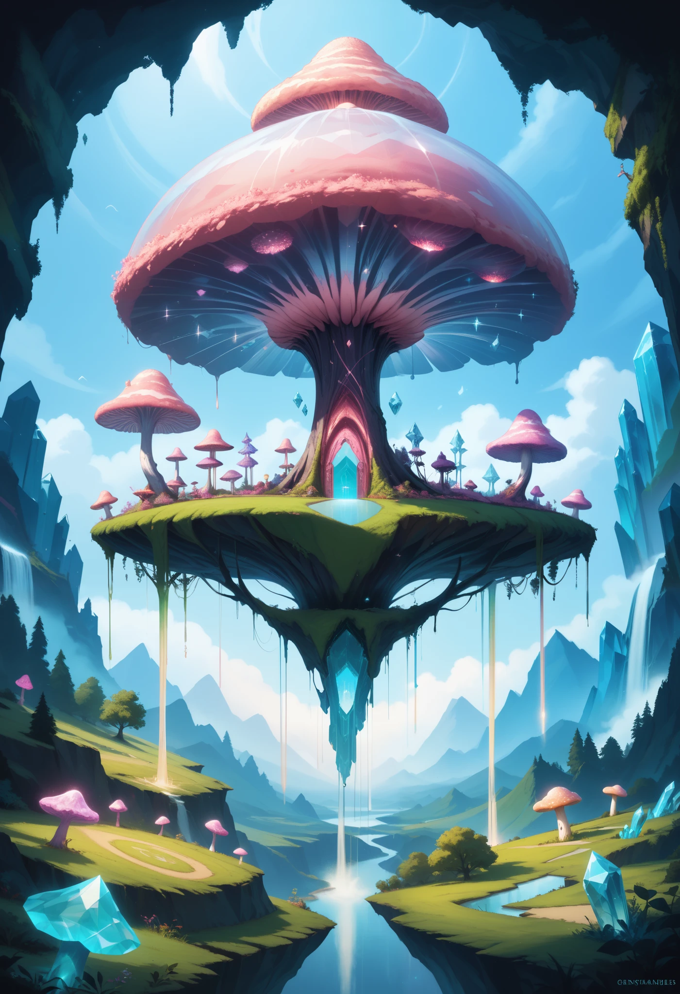 Surrealism,Vivid gradient lighting,best quality,floating islands,giant mushrooms,ethereal waterfalls,crystal-clear lakes,levitating rocks,otherworldly glow,pink and teal skies,abstract vegetation,melting clock motifs,impossible geometry,phantasmagoric elements,dreamlike horizons,surreal art style
