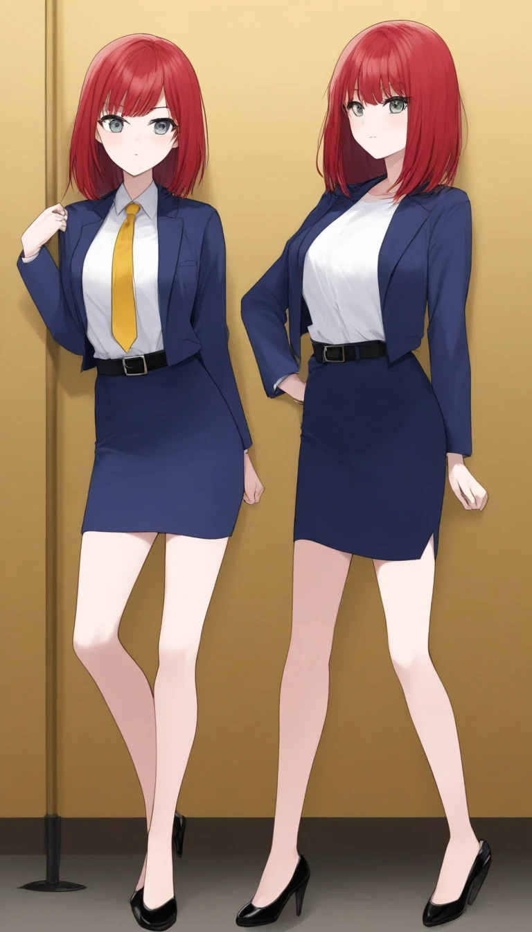 Tachibana Mayumi 、 red hair、 medium hair、bangs、 gray eyes、 full body style that reflects your whole body、 normal breasts、 narrow waist 、Bare legs、 in a suit、 navy blue jacket ,襟付き shirt, shirt, yellow tie ,belt,,  navy blue mini pencil skirt, black tights, BLACK HEEL PUMPS,