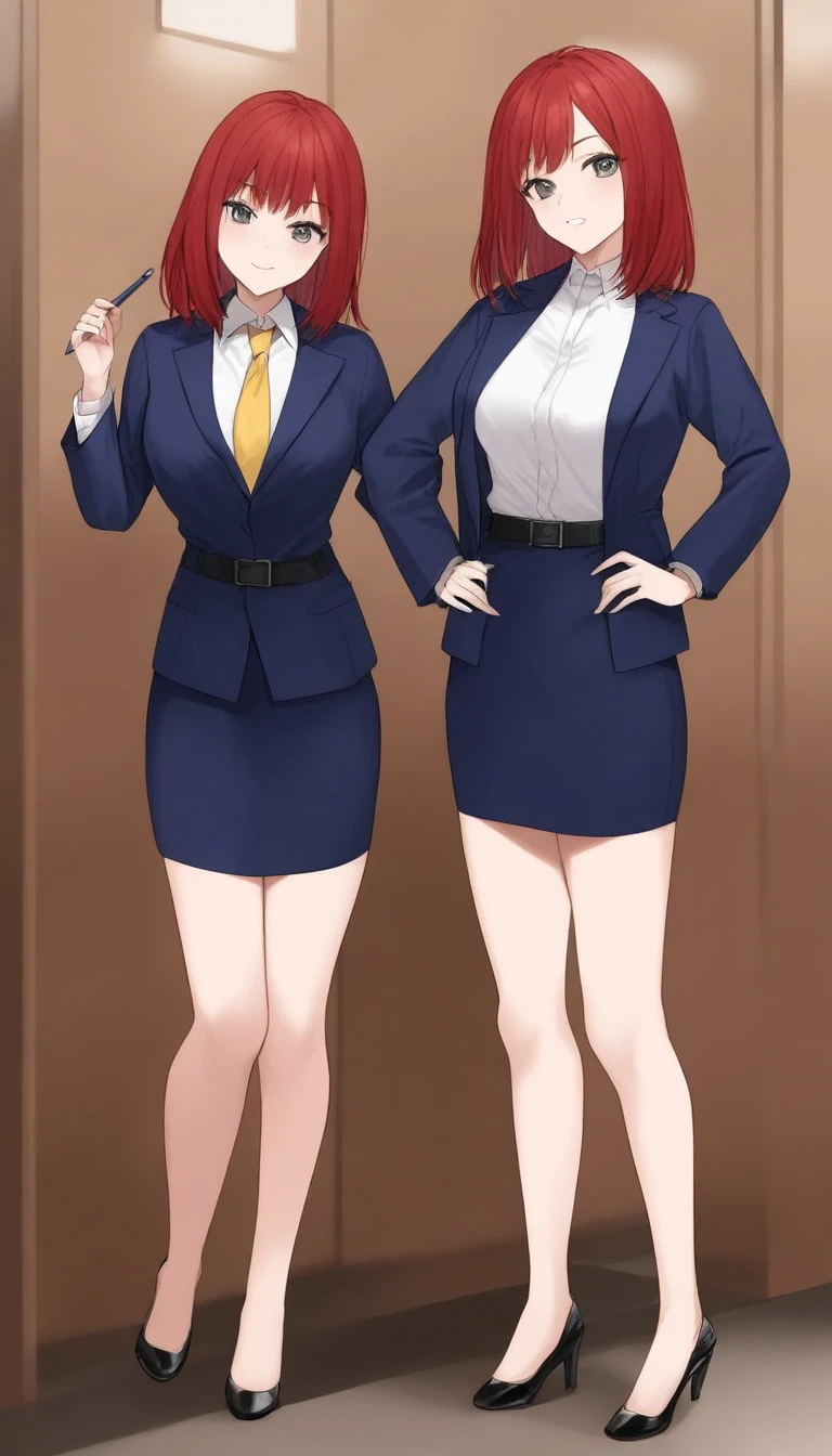 Tachibana Mayumi 、 red hair、 medium hair、bangs、 gray eyes、 full body style that reflects your whole body、 normal breasts、 narrow waist 、Bare legs、 in a suit、 navy blue jacket ,襟付き shirt, shirt, yellow tie ,belt,,  navy blue mini pencil skirt, black tights, BLACK HEEL PUMPS,