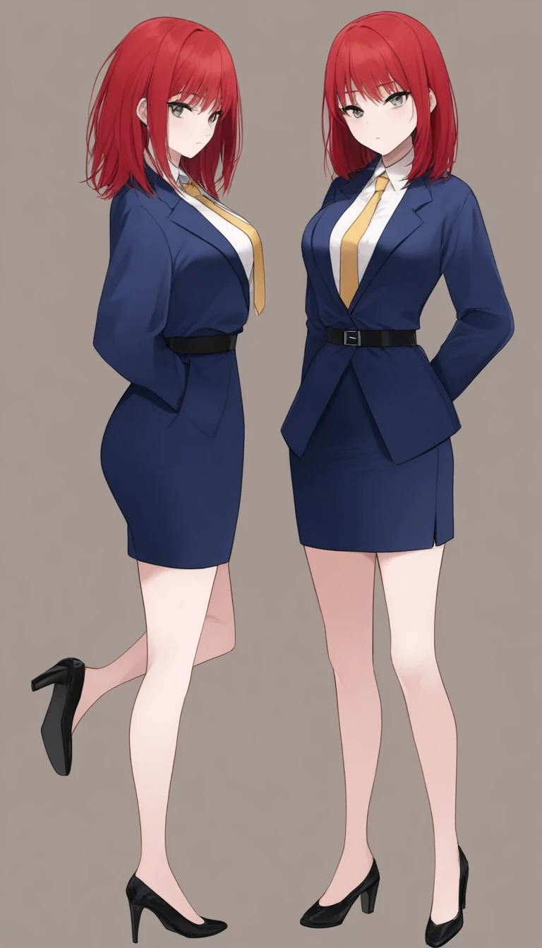 Tachibana Mayumi 、 red hair、 medium hair、bangs、 gray eyes、 full body style that reflects your whole body、 normal breasts、 narrow waist 、Bare legs、 in a suit、 navy blue jacket ,襟付き shirt, shirt, yellow tie ,belt,,  navy blue mini pencil skirt, black tights, BLACK HEEL PUMPS,