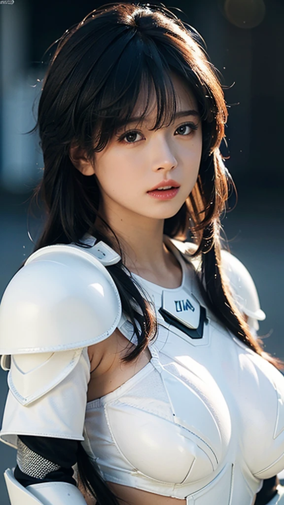 masterpiece, Highest quality, ((Ultra-realistic:1.2)), Ultra-detailed, 8K resolution, RAW Photos, Sharp focus, (One girl), alone, Gorgeous face, Perfect body, Mature Woman, Age 25,  Portraiture, Mecha,(( White Armor:1.4)), Nanosuit, sexy, Messy Hair, Cinematic, Cinematic light, ((Natural huge breasts)),((Upper Body))