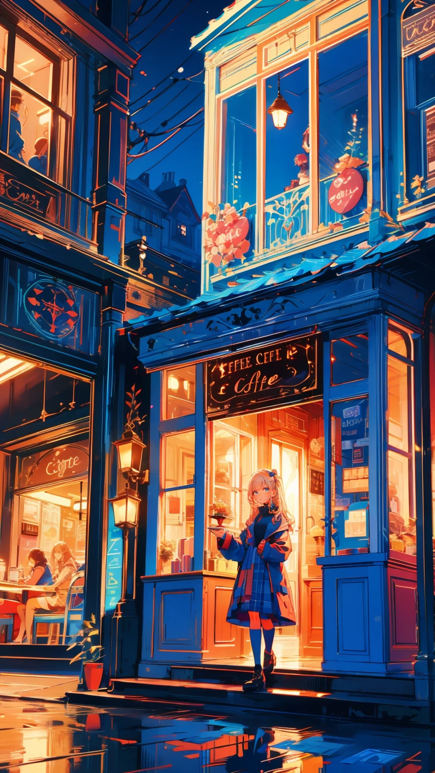 " Detailed illustration of a young girl sting in front of a cozy coffee shop.  she has long blond hair 、  wears a black turtleneck  ,  red skirt  , 、large plaid coat  .  coffee shop behind her  、  warm lighting with visible signs  . the mood is calm peaceful 、  the sky is slightly cloudy  , Should add warmth  , Autumn atmosphere.  and 、 includes city elements such as signs outdoor chairs .  the overall art style is soft  、  semi-realistic  ,  includes anime-style aesthetic elements ."
