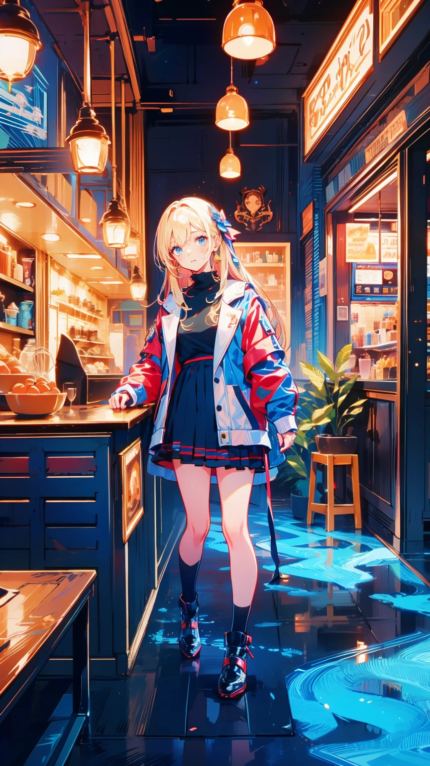 " Detailed illustration of a young girl sting in front of a cozy coffee shop.  she has long blond hair 、  wears a black turtleneck  ,  red skirt  , 、large plaid coat  .  coffee shop behind her  、  warm lighting with visible signs  . the mood is calm peaceful 、  the sky is slightly cloudy  , Should add warmth  , Autumn atmosphere.  and 、 includes city elements such as signs outdoor chairs .  the overall art style is soft  、  semi-realistic  ,  includes anime-style aesthetic elements ."
