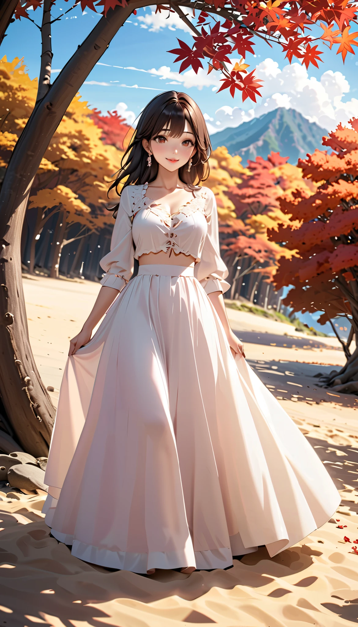 ( top quality, high image quality, high definition , 8k), long-sleeved blouse ,Flowing Long Skirt , Beautiful single woman, Brown-black hair, beautiful brown eyes, pink lips, The cutest face, Anatomically Beautiful Body , Mid-chest, earrings for a woman alone, looking here, sandy beach, posing, smile, (Large tree, bird, Mountain々, cloud, autumn leaves), backgrounds,