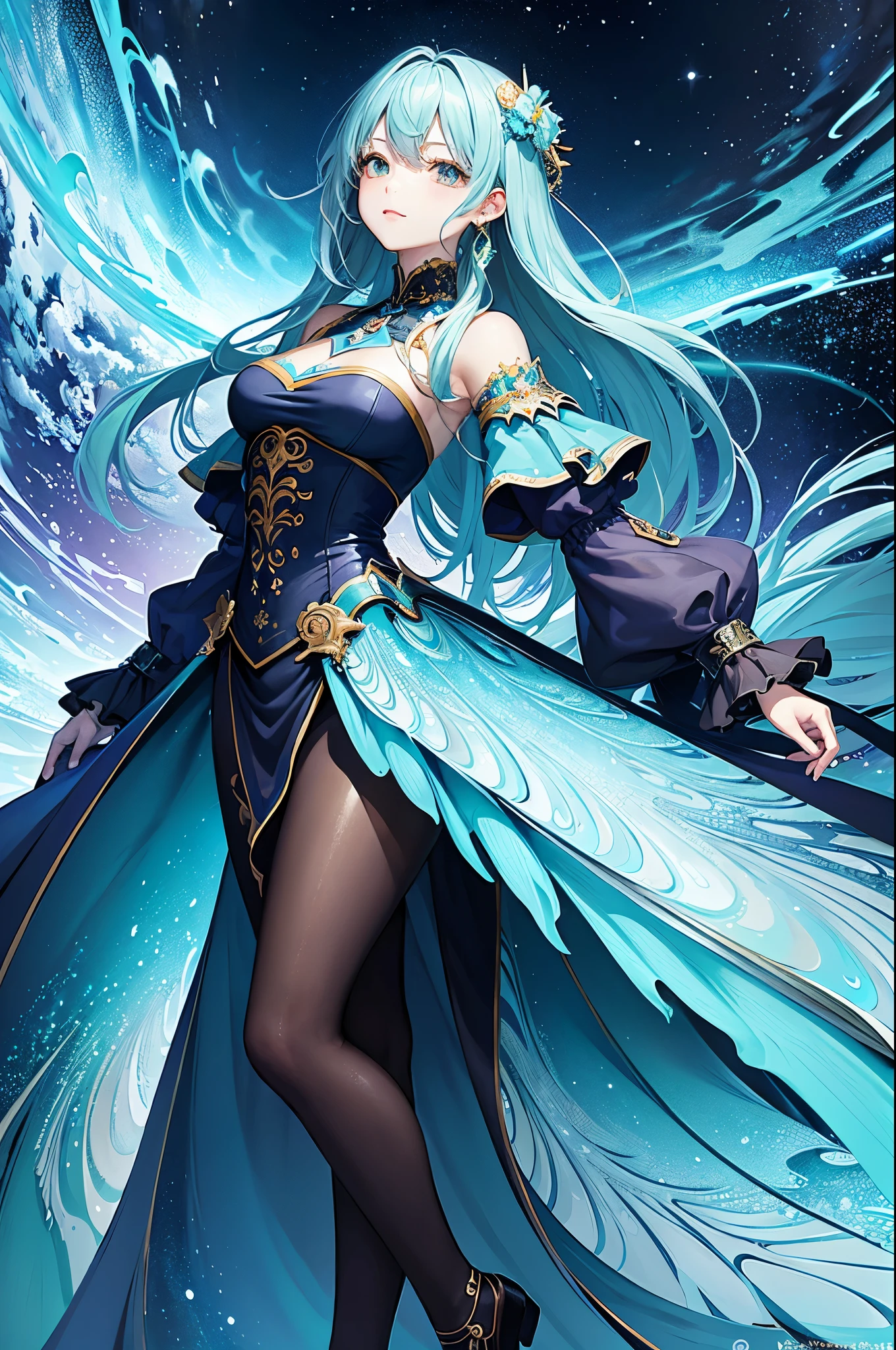 a female character with long, flowing hair that appears to be made of ethereal, swirling patterns resembling the Northern Lights or Aurora Borealis. The background is dominated by deep blues and purples, creating a mysterious and dramatic atmosphere. The character's face is serene, with pale skin and striking features. She wears a dark-colored outfit with subtle patterns. The overall style of the artwork is reminiscent of fantasy or supernatural genres