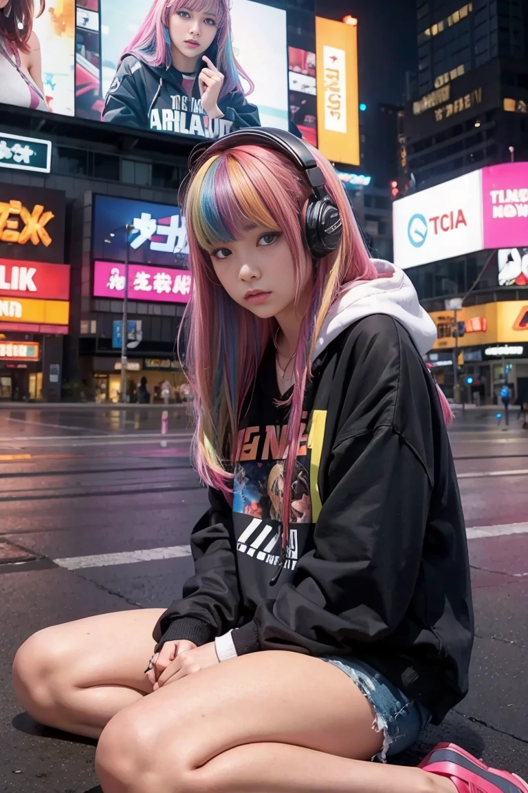 (In 8K、RAW Photos、Highest quality、masterpiece:1.2)、(Realistic、Photorealistic:1.37)、Very detailed、Ultra-high resolution、1 person、alone、Rainbow Hair、hoodie、Espadrilles、Straight hair、Headphones、length、(Center of the intersection)、(Sit on the ground)、night、neon、Times square、cyber punk、Physically Based Rendering、Cinema Lighting、Dynamic Angle