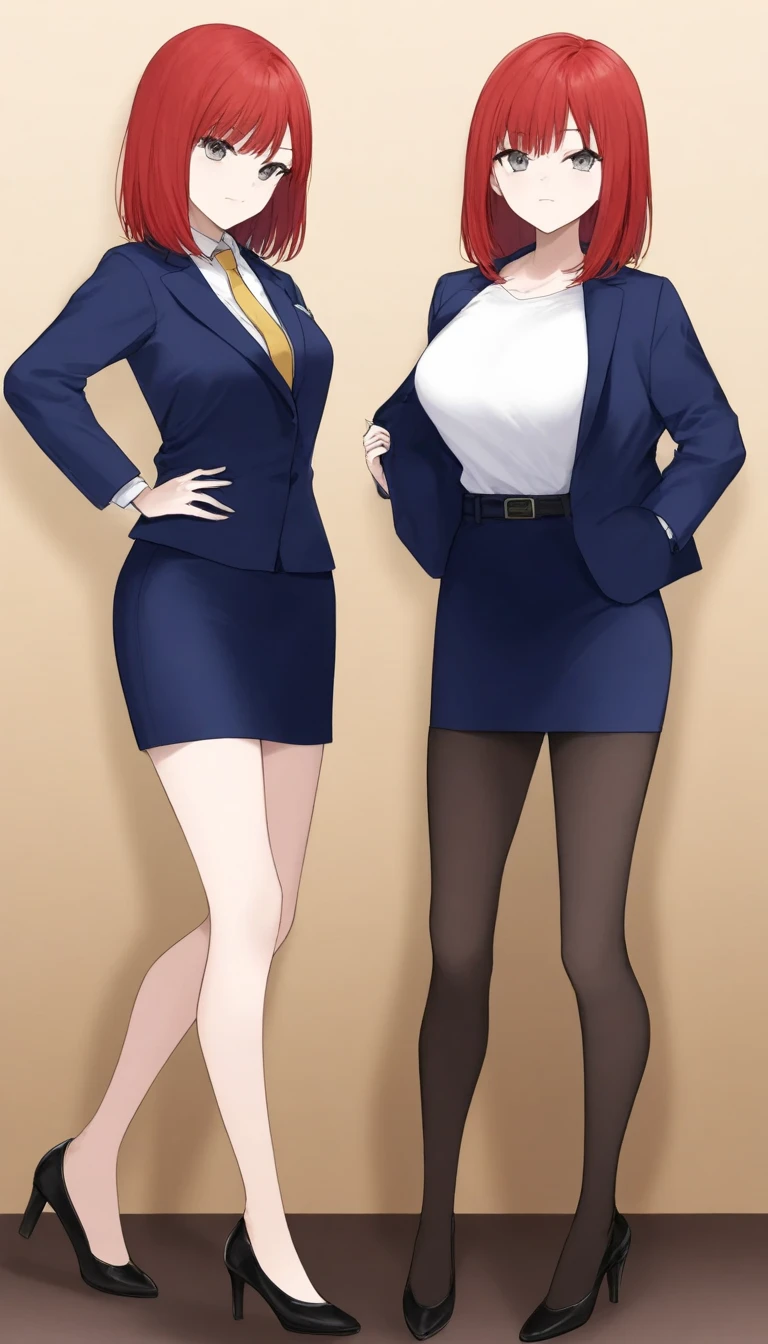 Tachibana Mayumi 、 red hair、 medium hair、bangs、 gray eyes、 full body style that reflects your whole body、 normal breasts、 narrow waist 、Bare legs、 in a suit、 navy blue jacket ,襟付き shirt, shirt, yellow tie ,belt,, navy blue mini pencil skirt, black tights, BLACK HEEL PUMPS,