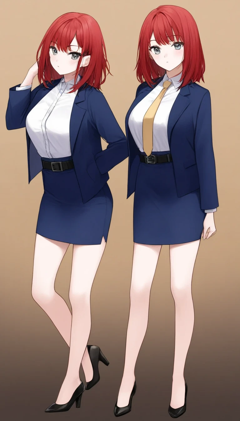 Tachibana Mayumi 、 red hair、 medium hair、bangs、 gray eyes、 full body style that reflects your whole body、 normal breasts、 narrow waist 、Bare legs、 in a suit、 navy blue jacket ,襟付き shirt, shirt, yellow tie ,belt,, navy blue mini pencil skirt, black tights, BLACK HEEL PUMPS,