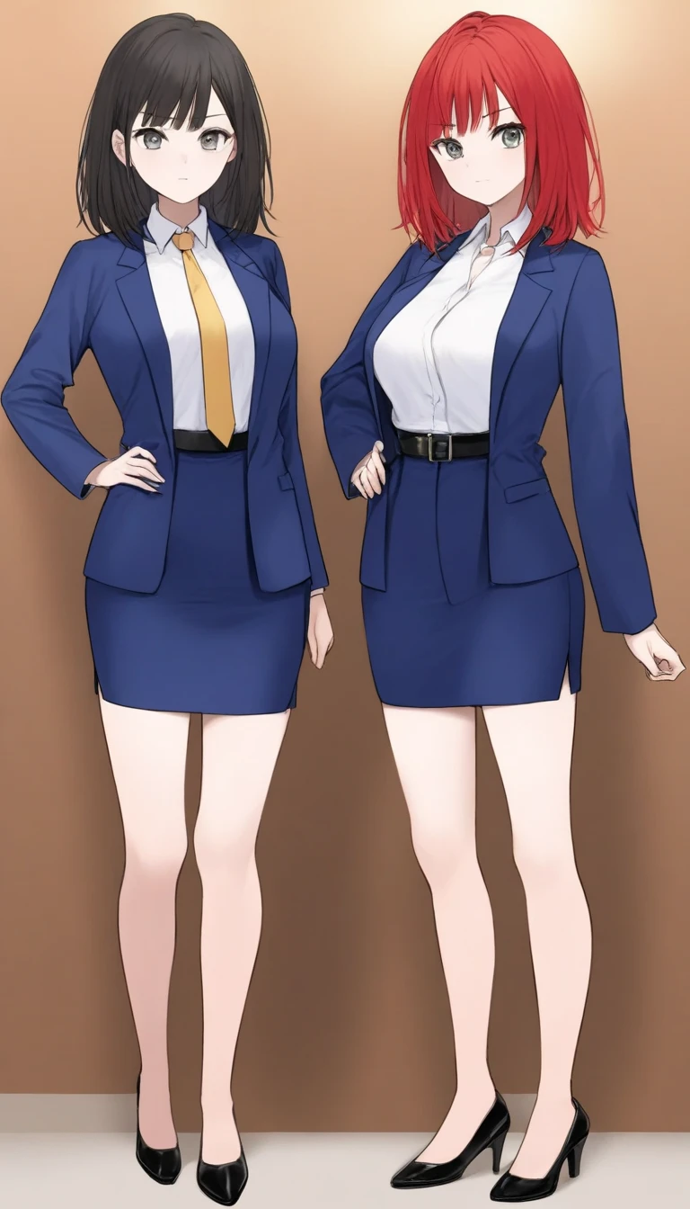 Tachibana Mayumi 、 red hair、 medium hair、bangs、 gray eyes、 full body style that reflects your whole body、 normal breasts、 narrow waist 、Bare legs、 in a suit、 navy blue jacket ,襟付き shirt, shirt, yellow tie ,belt,, navy blue mini pencil skirt, black tights, BLACK HEEL PUMPS,