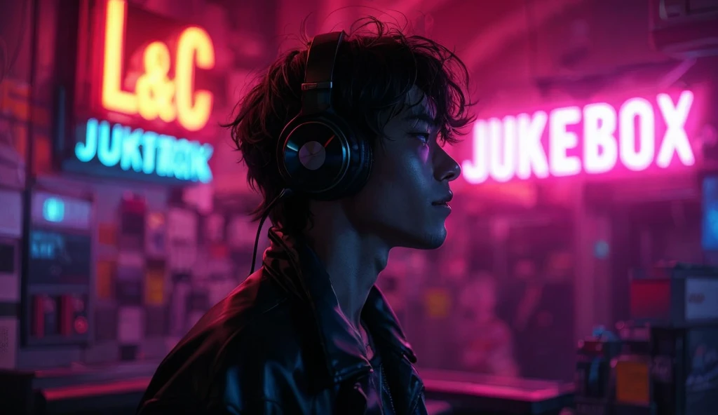  Handsome Japanese Men Like Models 、Neon cyberpunk night coordinator neon glow in a dark room surrounded by headphones and earphones,In the room、A signboard shining with neon lights"L&C JUKEBOX"Live-action style, beautiful color ,Living Picture,  Masterpiece  , Details、realistic.