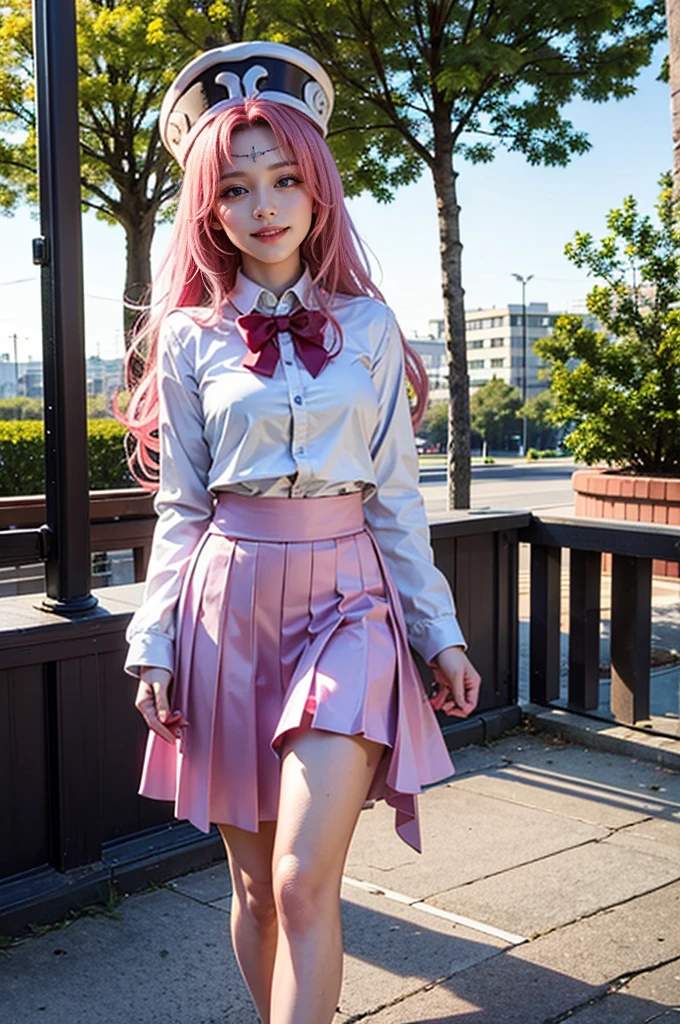 masterpiece, best quality,  outdoors,facial mark,walking,1girl,grin, school uniform,solo,pink hair,long hair,very long hair,green eyes, hat,