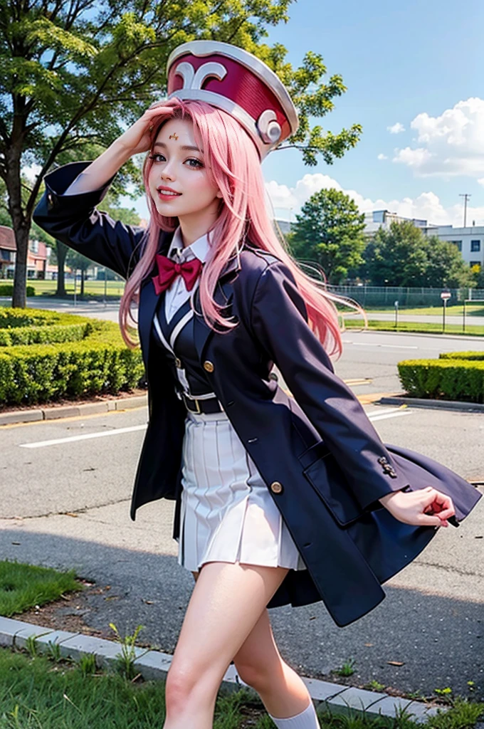 masterpiece, best quality,  outdoors,facial mark,walking,1girl,grin, school uniform,solo,pink hair,long hair,very long hair,green eyes, hat,