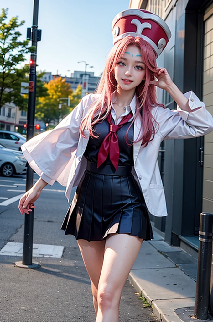 masterpiece, best quality,  outdoors,facial mark,walking,1girl,grin, school uniform,solo,pink hair,long hair,very long hair,green eyes, hat,