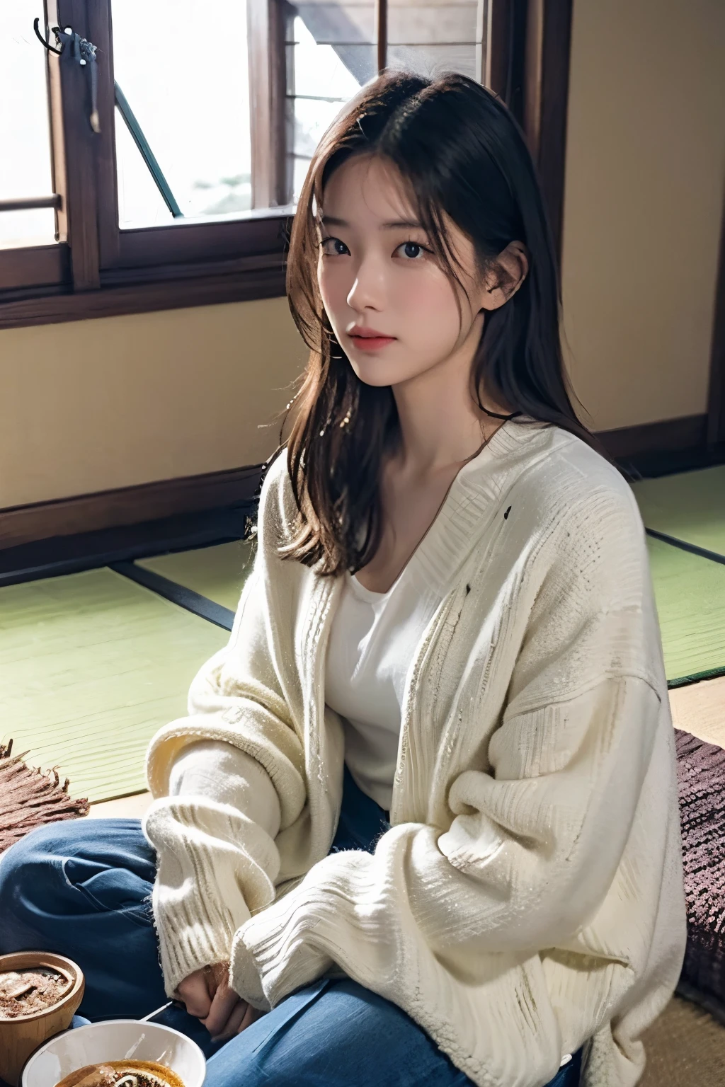 A cozy scene of a young woman sitting at a kotatsu, enjoying a bowl of ice cream. She is wearing a casual sweater and has a relaxed, happy expression on her face. The kotatsu is covered with a patterned blanket, and there are other items like a teacup and a magazine on the table. The setting is a warm, traditional Japanese-style room with tatami mats and sliding shoji doors, with a gentle evening light illuminating the scene. Outside the window, snow can be seen lightly falling, adding to the serene winter atmosphere
