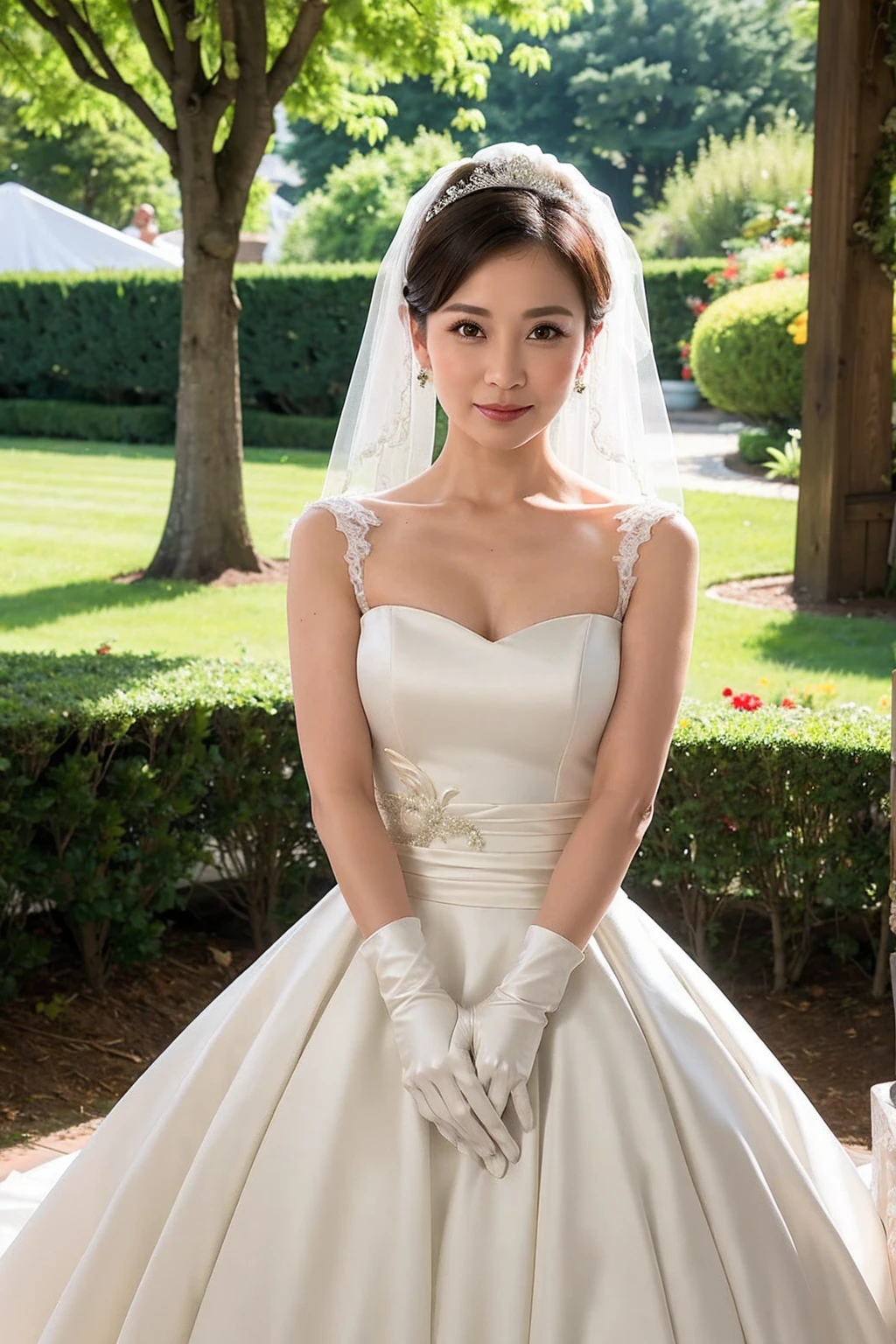 ((Masterpiece)), ((Best Quality)), A middle-aged short-hair woman, ((She is wearing an ornamental mini-skirt satin wedding dress)), She is wearing gloves on her hands., outdoor, She is in a garden. She is wearing a big necklace.