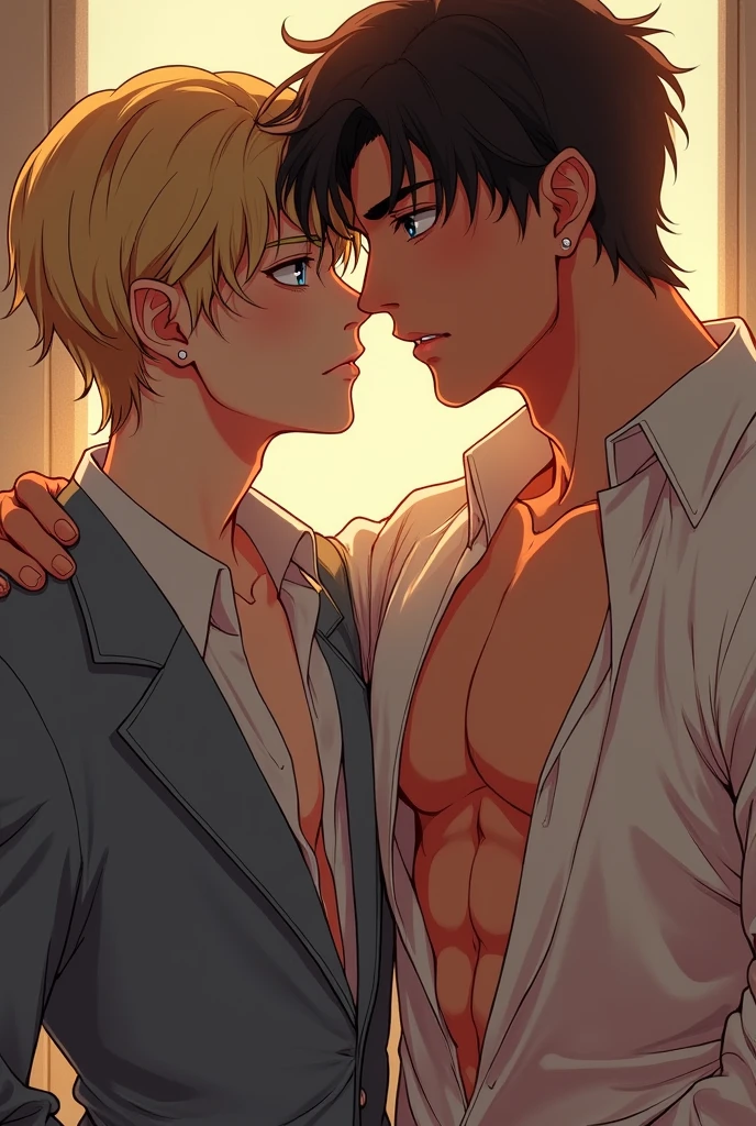 Muscular boy with black hair, shirt cut in half, blue shoes and brown eyes and blue pants and they stay talking, falls in love with a blond falco boy, yellow sweater with a happy face, yellow shoes, yellow pants, the two boys kiss passionately, the blond boy is cornered by the more muscular one, the kiss is more aggressive