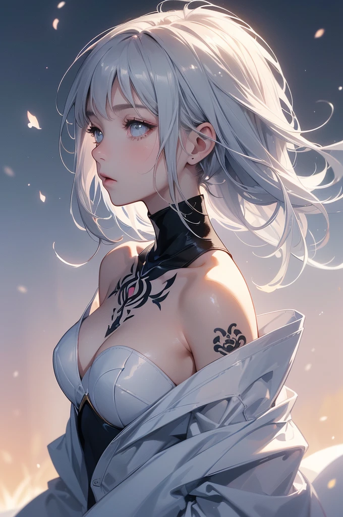 (Image from chest up:1.4)((masterpiece:1.5,Highest quality,Beautiful images、2.5D、Abstract、Artistic、Portraiture))(1girl, solo)(medium breasts, white hair、bob hair、Beautiful cleavage、Exposing shoulders、Tattoo on shoulder)(Profile Portrait,Gaze sideways、Gaze diagonally、Shake your head、A sad expression, floating hair)(Monotone artistic background、Solid color background)((from side:1.5)),Landscape