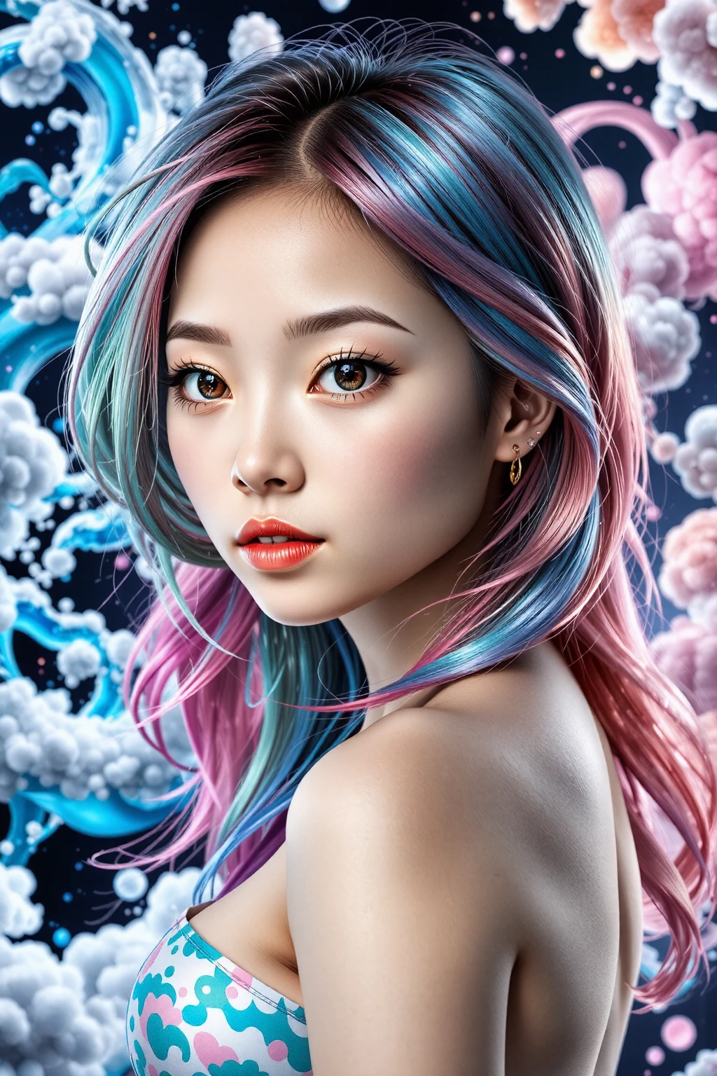 1girl, solo, asian american, magazine photo, detailed beauty, portrait, extremely realistic photograph, mid length hair, blue and pink hair, beautiful makeup, collarbone, detailed gold eyes, octane render, daizky1