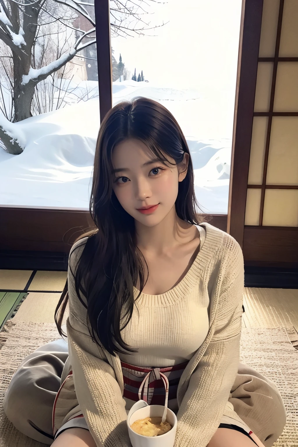 A cozy scene of a young woman sitting at a kotatsu, enjoying a bowl of ice cream. She is wearing a casual sweater and has a relaxed, happy expression on her face. The kotatsu is covered with a patterned blanket, and there are other items like a teacup and a magazine on the table. The setting is a warm, traditional Japanese-style room with tatami mats and sliding shoji doors, with a gentle evening light illuminating the scene. Outside the window, snow can be seen lightly falling, adding to the serene winter atmosphere, lerge breast