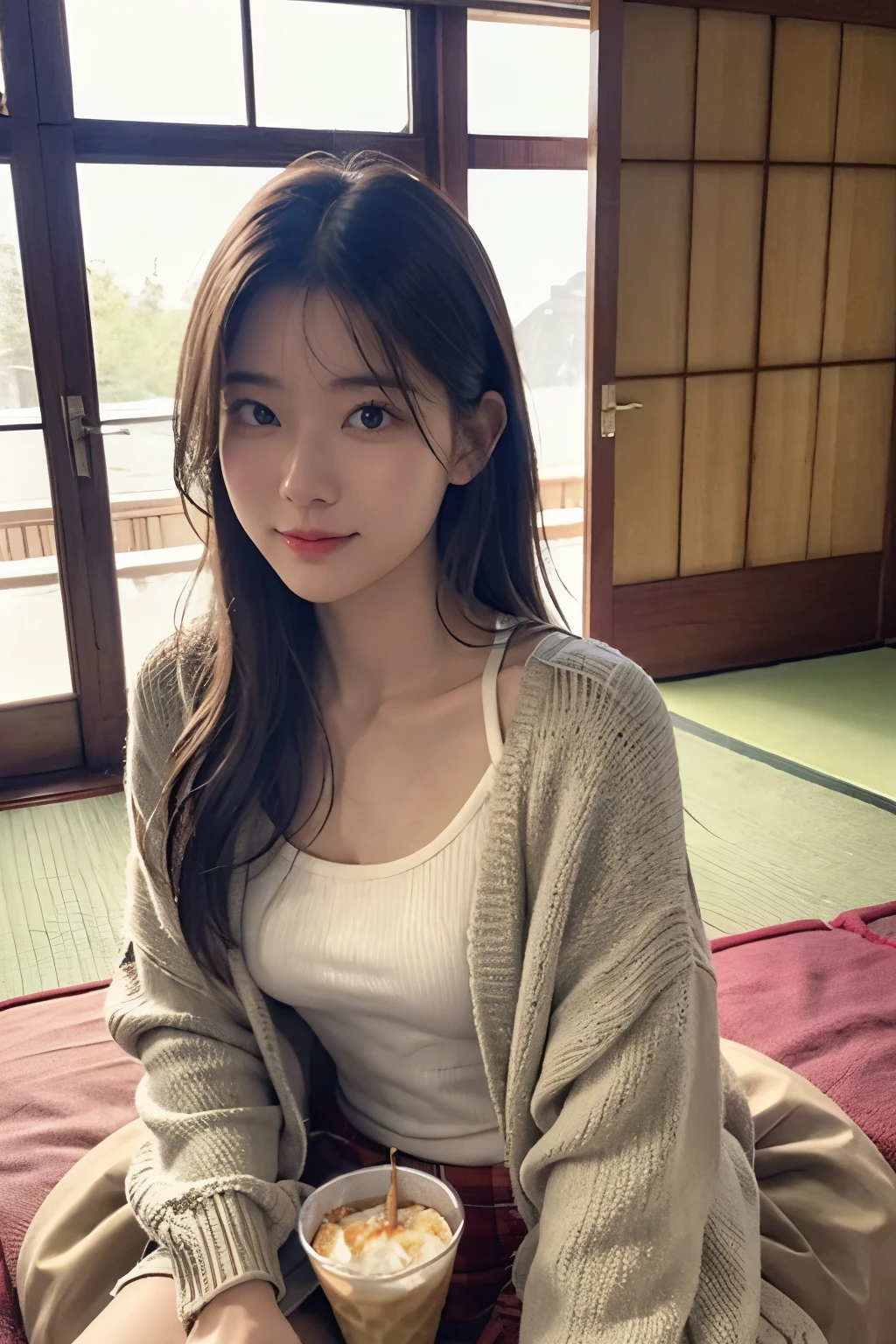 A cozy scene of a young woman sitting at a kotatsu, enjoying a bowl of ice cream. She is wearing a casual sweater and has a relaxed, happy expression on her face. The kotatsu is covered with a patterned blanket, and there are other items like a teacup and a magazine on the table. The setting is a warm, traditional Japanese-style room with tatami mats and sliding shoji doors, with a gentle evening light illuminating the scene. Outside the window, snow can be seen lightly falling, adding to the serene winter atmosphere, lerge breast