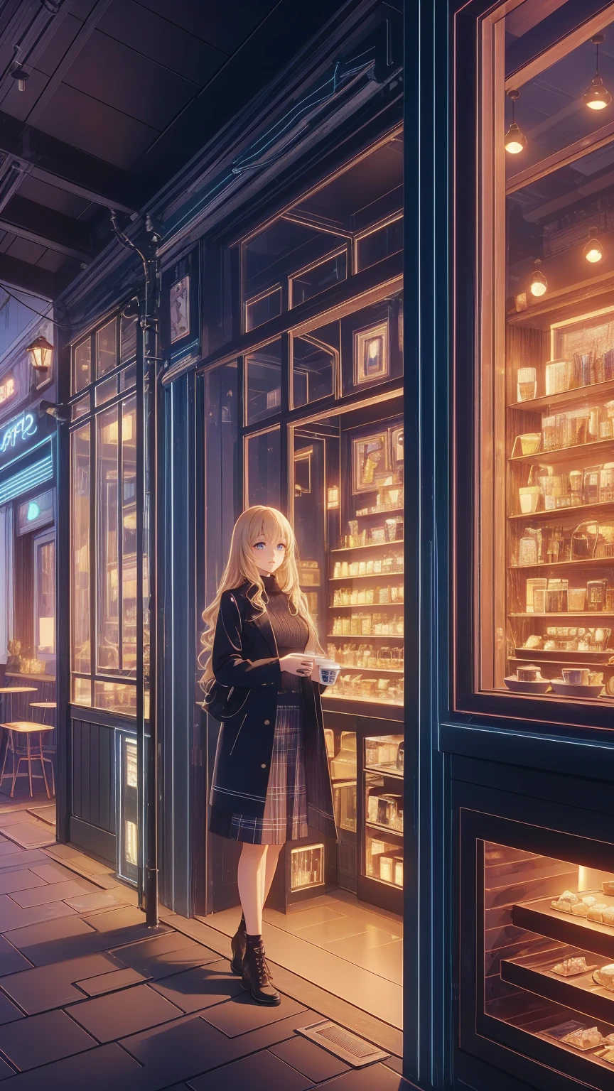 " Detailed illustration of a young girl sting in front of a cozy coffee shop.  she has long blond hair 、  wears a black turtleneck  ,  red skirt  , 、large plaid coat  .  coffee shop behind her  、  warm lighting with visible signs  . the mood is calm peaceful 、  the sky is slightly cloudy  , Should add warmth  , Autumn atmosphere.  and 、 includes city elements such as signs outdoor chairs .  the overall art style is soft  、  semi-realistic  ,  includes anime-style aesthetic elements ."
