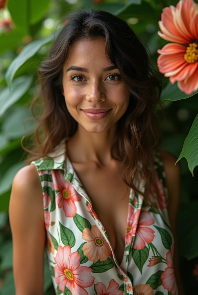 A Brazilian woman in a lush tropical garden, wearing an open shirt with a floral print, with a close-up capturing the harmonious beauty between her breasts and the natural flowers, showing off your natural charm and outgoing personality.