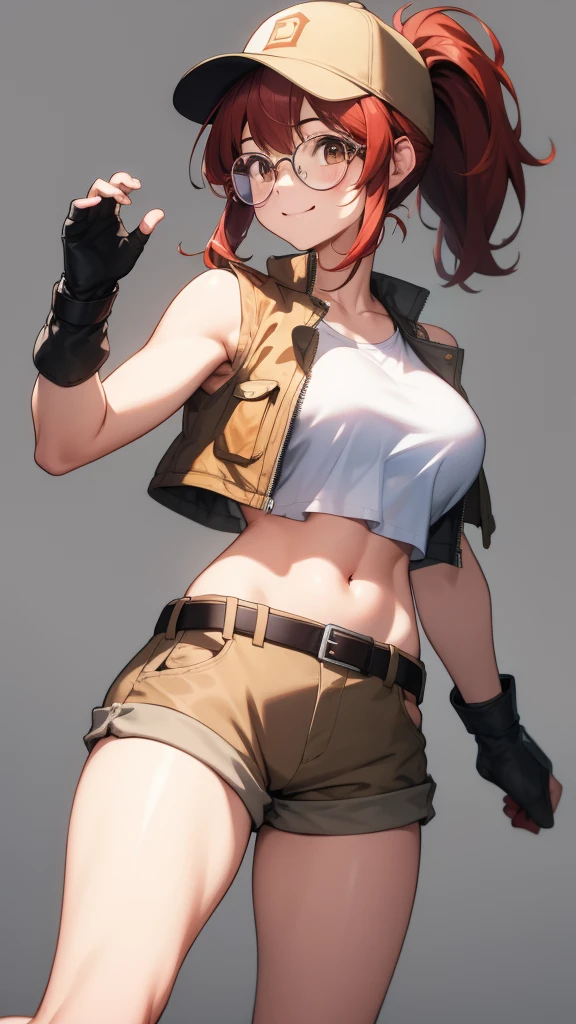 (art,  top quality: 1.2), Illustration, 8k,  is high definition, 1, Alone, body, ( portrait: 1.2),  Big Breasts , Round Glasses,  have , Uppercut, stomach,  gloves, belly button, Baseball cap,  Protector Knee High,  Short Shorts ,  ponytail,  boots,  Brown Eyes , Brown shorts, belt, smile,  package , brown belt, Red Hair, Hip Open , Best,  long hair, vest,