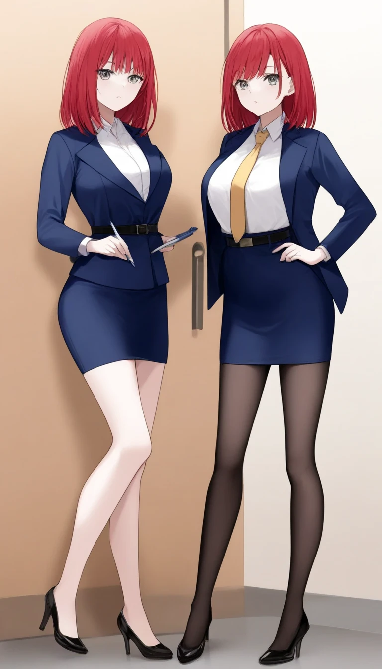 Tachibana Mayumi 、 red hair、 medium hair、bangs、 gray eyes、 full body style that reflects your whole body、 normal breasts、 narrow waist 、Bare legs、 in a suit、 navy blue jacket ,襟付き shirt, shirt, yellow tie ,belt,, navy blue mini pencil skirt, black tights, BLACK HEEL PUMPS,