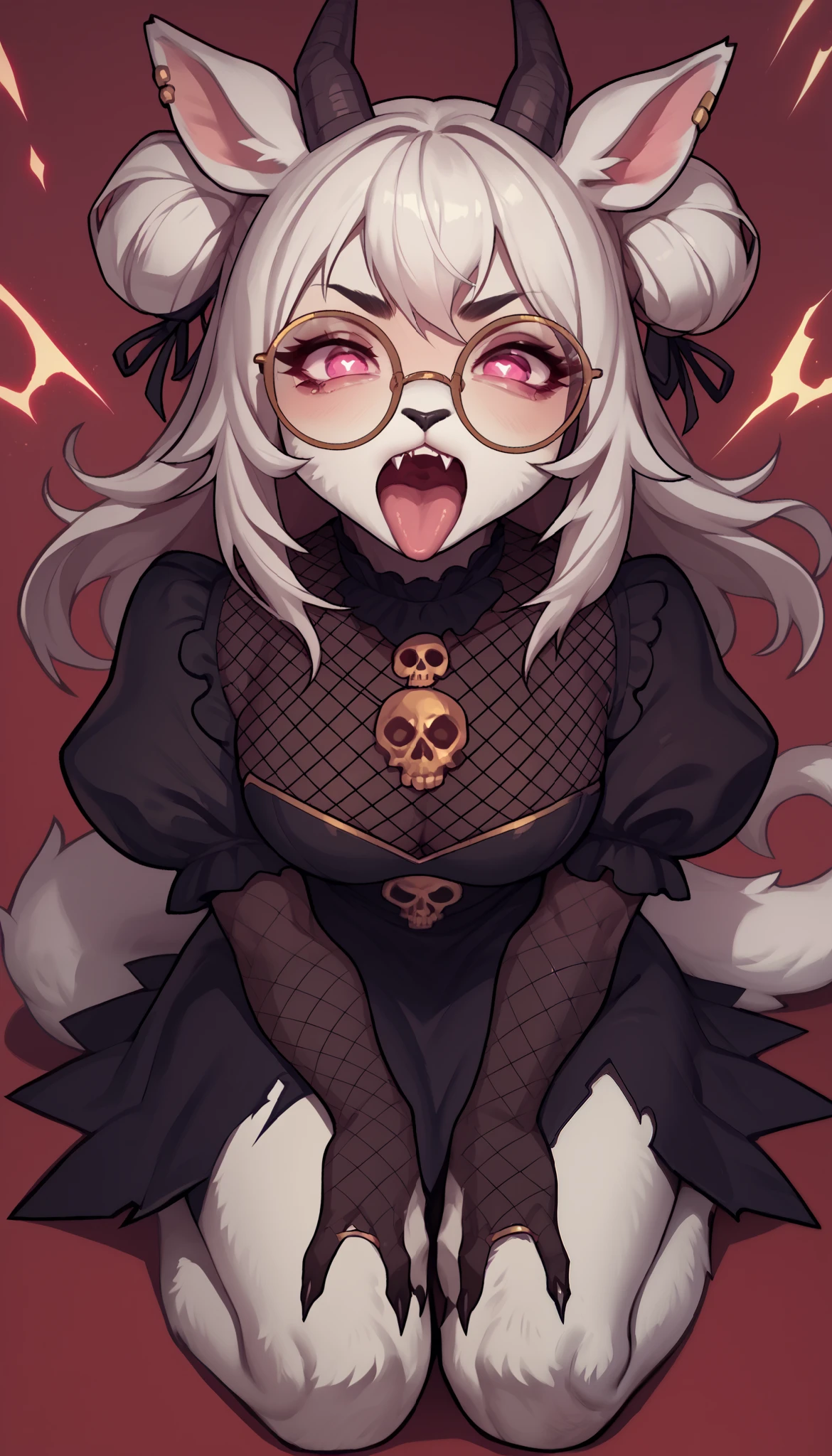 (zPDXL2), (PonyXLV6_Scores), source_anime, Expressiveh, full-body shot, asymmetric image, BREAK
lhata4564, 1girl, best quality, furry, white fur, black long hair, animal ears, gold piercing, skull-shaped pupils, animal nose, pink eyes, hair side buns, tail, ripped wings, energy expression, open mouth, tongue, goat sign, fang, black fishnet dress, puffy sleeves, kneeling, on knees, red background, looking at viewer, gold glasses, round glasses