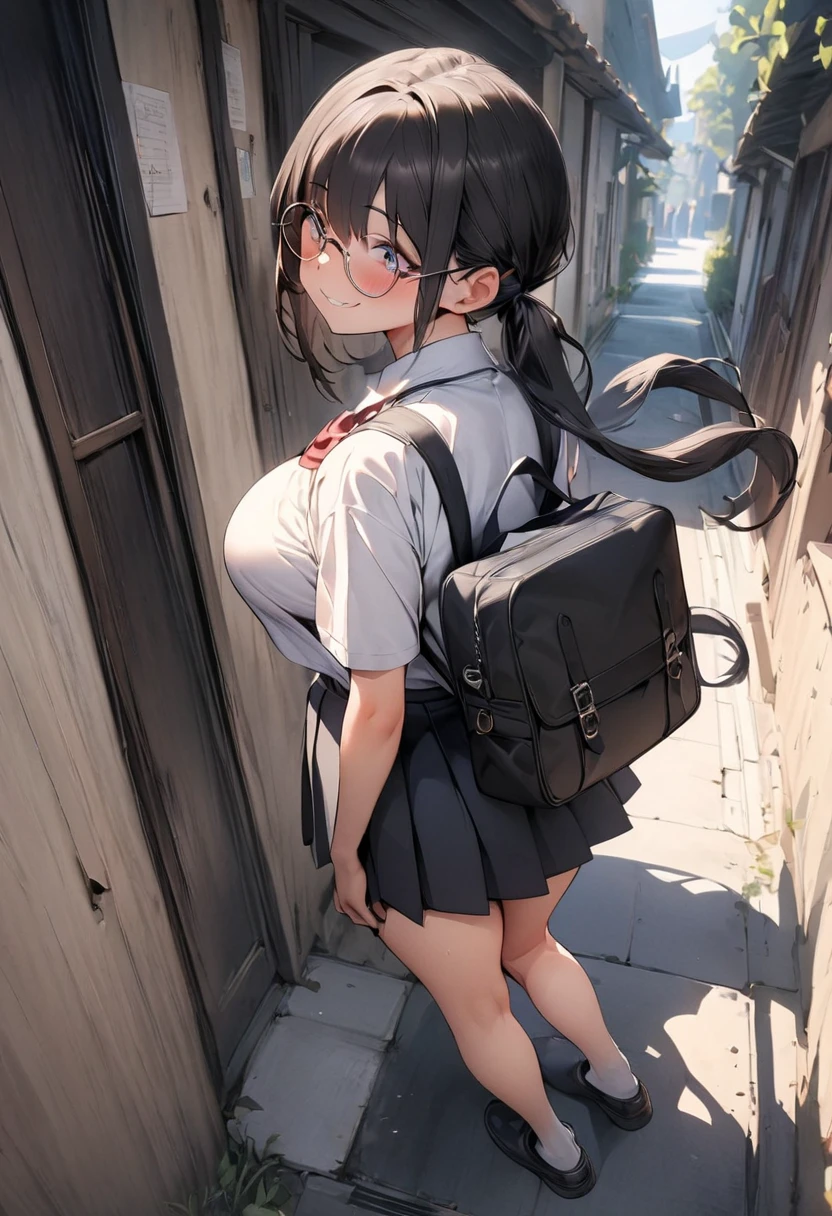 (masterpiece), short hair, One person, Fluffy hair, Curly Hair, Brat, Tsundere, Short thriller, High School Uniform, high school girl, tie, Embarrassing, blush, Shaky Mouth, (anger), From behind, Black Hair, View your viewers, outside, Backpack, panties, sexy