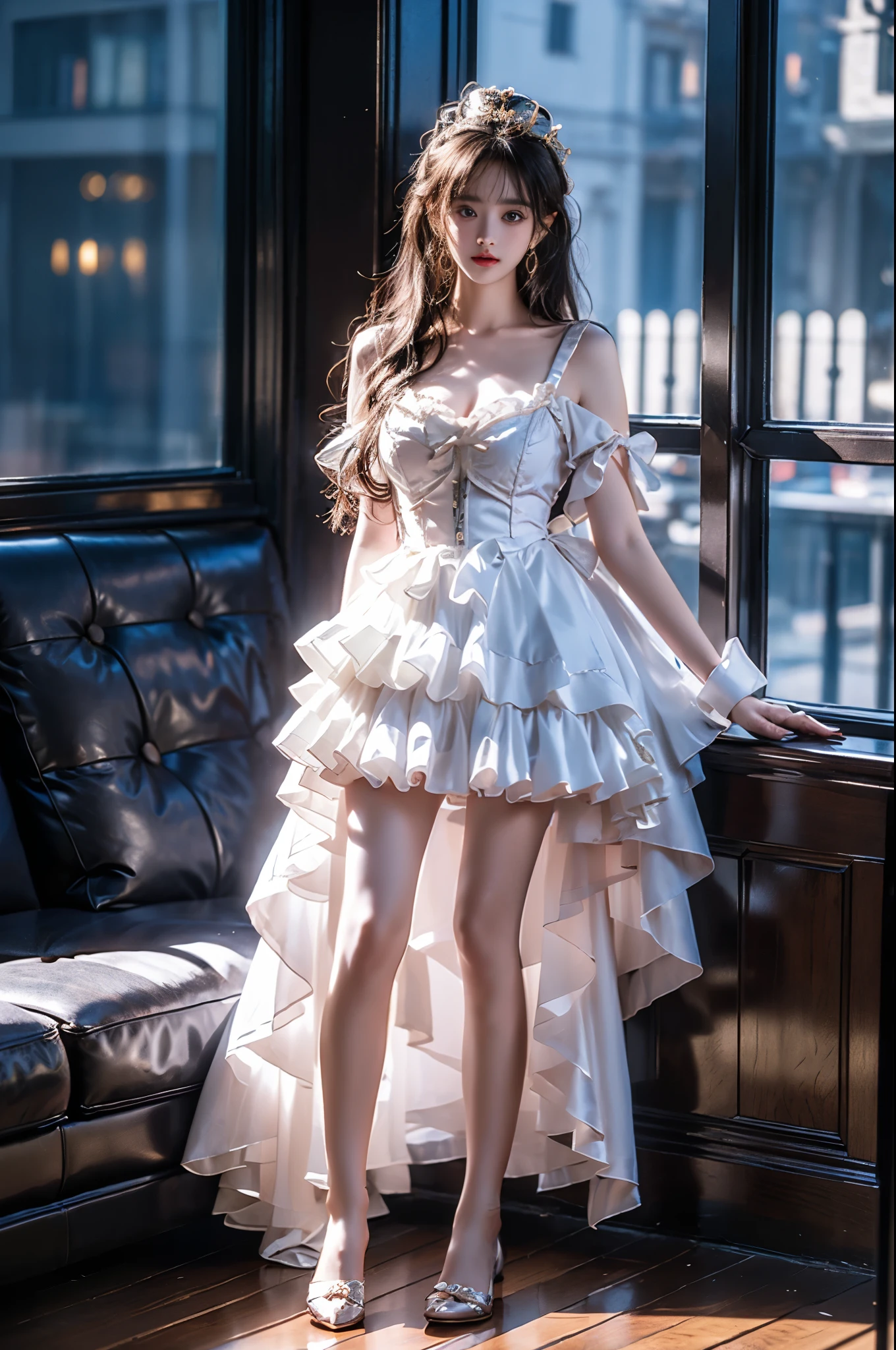 idol_costume , ((full body:1.4)), ((a beautiful fashion model)), standing in an elegant rococo style room, (Full breasts, visible cleavage, very short hemlines, revealing smooth thighs), leaning on the window sill, perfect long legs, professional model pose, hands on knees, leaning forward, slim t-walk proportion, photorealistic, hyperrealistic details, perfect facial features, fashion photography, professional lighting,  warm tungsten lights in dark room, moody atmosphere, night scene, golden ratio composition, high-end fashion editorial, soft shadows, dimly lit interior, ornate baroque furniture, vintage wallpaper, luxury curtains, perfect symmetry, sharp focus, canon EOS R5, 85mm portrait lens, dramatic lighting, volumetric lighting, cinematic, ultra detailed, 8k resolution