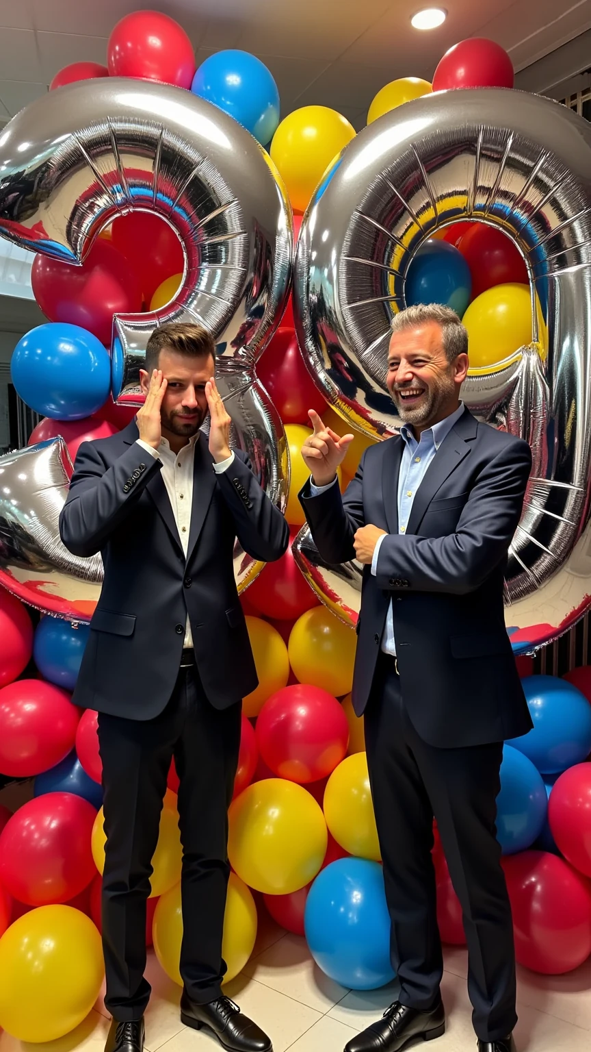 ultra-realistic image of two versions of the same man standing between two massive, towering numbers - a crystal-clear, bold "3" and "9" that combine to form "39". On the left side of the numbers, place a younger version of the man (in his 20s), and on the right side, position his older self (in his 60s). The younger man wears a sharp, modern fitted suit and has a look of pure amazement with his hands placed on his head in astonishment. The older version, also well-dressed in an elegant suit but with grey hair and laugh lines, points directly at his younger self with an amused, knowing smile and a hearty laugh. The numbers must be highly legible and distinct, with sharp edges and precise definition in a modern, elegant font style, standing twice the men's height as gleaming metallic structures. The numbers' visibility and readability should be unmistakable from any viewing angle. Colorful balloons float throughout the scene, some clustering around the crisp numbers, others floating freely in the background. Several balloons are artistically woven between the prominently displayed numbers, creating depth and playfulness without obscuring their clarity. The numbers should have a slight metallic sheen, catching the light dramatically while maintaining their distinct shapes and edges. The lighting should be festive and warm, highlighting both men's contrasting expressions and the bold, unmistakable presence of the numbers 3 and 9