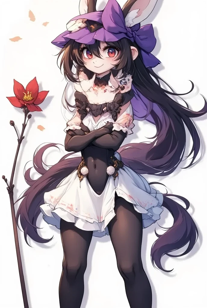 iskra, 1girl, breasts, green eyes, large breasts, cleavage, brown hair, thighs, thick thighs, long hair, blush, wide hips, hair flower, hat, thighhighs, witch hat, gloves, dress, multicolored dress, hair ornament, capelet, hat flower, pelvic curtain, looking at viewer, flower, rose, purple rose, solo, white background, simple background, cowboy shot, smile, black thighhighs, black gloves, purple headwear, purple flower, purple capelet, hat belt, a woman with long brown hair, wearing a black thighhigh-high top and a black cape, her eyes are wide open and she is smiling, the background is plain white, there is a single red flower on the left side of her head, the witch's eye pattern is visible on the right side of her face, both arms are crossed in front of her body, the overall style is highly detailed and realistic, creating a sense of unity and simplicity., masterpiece, best quality, very aesthetic, absurdres