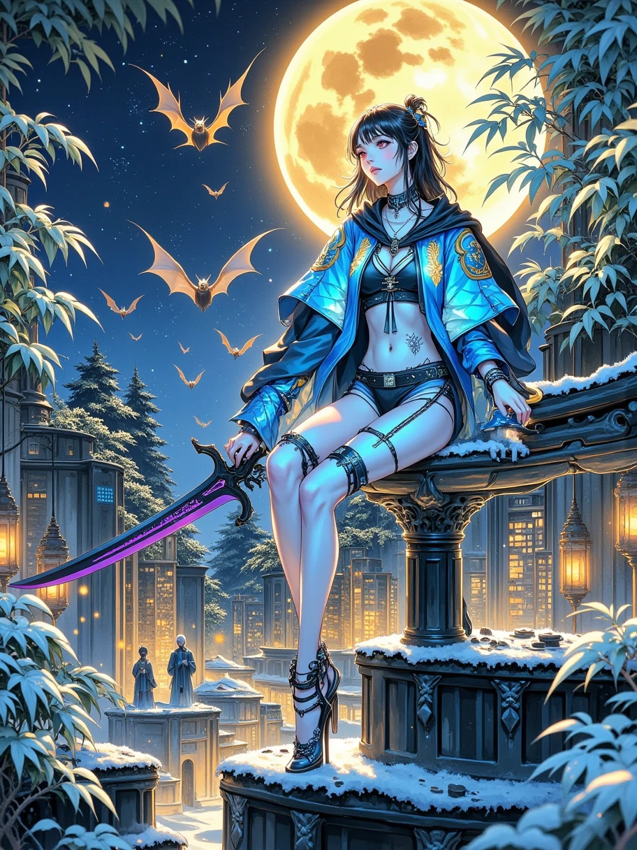 High quality，Best quality，Reality，Super realistic，Super detailed，masterpiece，high resolution，8k，Very real，Hellbringers，Red Eye，Crescent Moon，hamburger，pumpkin，Close-up of a bat，A girl with a sword and a vampire，Black cape，Bikini，Glitch Punk Girl，Pale milky porcelain skin，vampire，Smooth and transparent white skin，Thin legs，Small waist，Small buttocks，Broad shoulders，Beautiful clavicle，Superrealism， Busty naked breasts，Upper body，Wearing a Bikini，Tattoo，Red eyes，Gothic art style，((Bat Wings))，Epic fantasy number art style，Noble and elegant vampire girl，and mumford，Tom Bagshaw，Dark fantasy art，Epic fantasy art style，Dark fantasy art style，Epic fantasy art style HD，Dark Fantasy Number Art，"Artistic image type：{ perched on top of cybernetics dragons, vampire girl investigates the vast digital metropolis below。Infused with neon lights，Revealing her technologically enhanced body，Embedded LEDs and retractable tech arms shine。She strikes a striking pose，Seems ready for action，A fusion of ancient legends and future visions}，Perfect location，City view，(Vivid neon lights：1.5)，(number：1.25)，(4K：1.2). environment：City Panorama，Bats flying over the skyline，(whole body:1.8), magazine photography，A cute girl image，Popular on social platforms，((Dopamineism))，(((Dopamine color matching)))，Dopamine，(in the style of Y2K)，Luo Erchun，Three-dimensional ancient style，Oriental poetry and painting