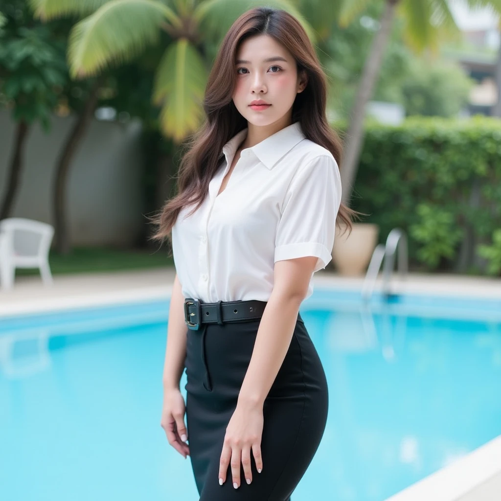 Thai woman confidently walking outdoors ((Realistic lighting, Best quality, Masterpiece: 1.3)), Clear focus: 1.2, 1girl, Perfect Figure: 1.4, ((Dark brown hair)), (She is wearing  a white blouse short sleeves and a black pencil skirt with a black belt, and white high heels), (Outdoor, Day: 1.1), pool, Super fine face, Fine eyes, Double eyelids.