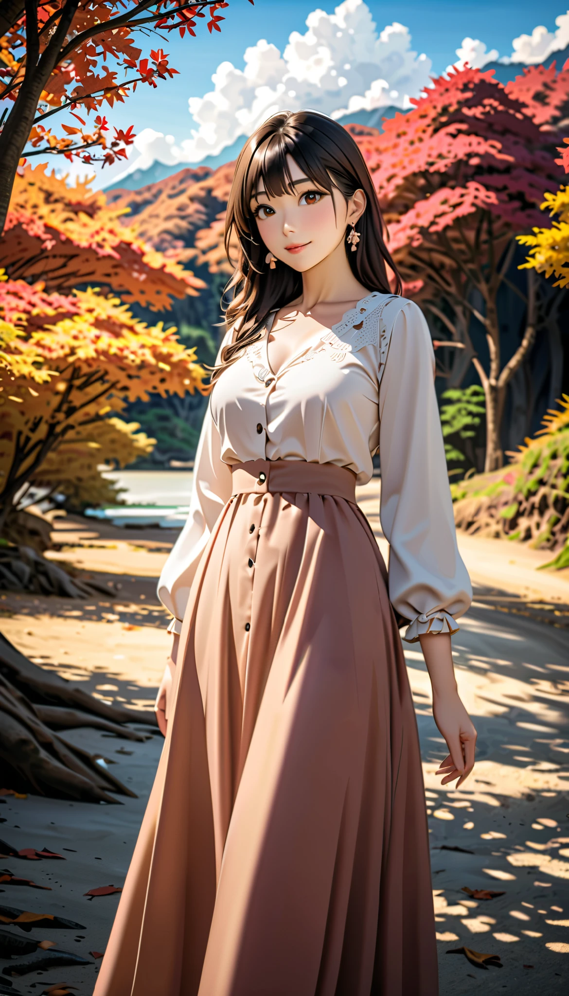   ( top quality,  high image quality,  high definition , 8k),  long-sleeved blouse ,Flowing Long Skirt , Beautiful single woman,  Brown-black hair,  beautiful brown eyes,  pink lips, The cutest face,  Anatomically Beautiful Body , Mid-chest,  earrings for a woman alone,  looking here,  sandy beach,  posing, smile, (Large tree, bird, Mountain々, cloud, autumn leaves),  backgrounds, 